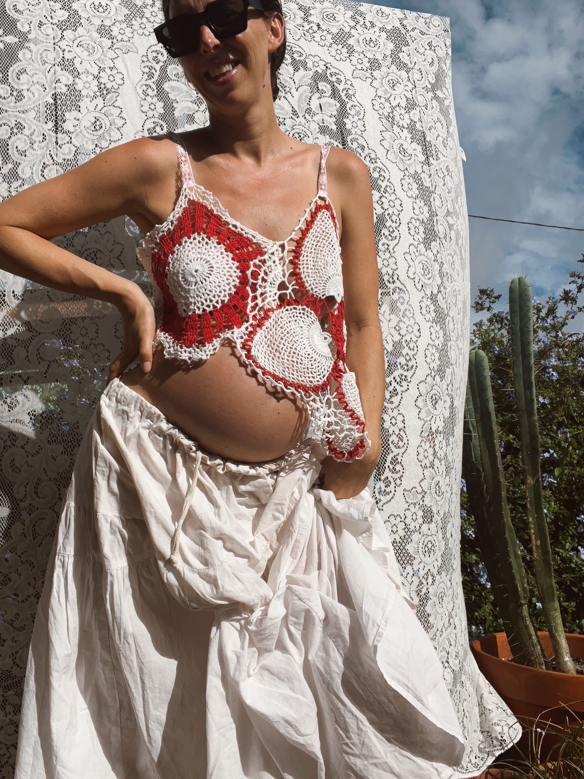 A Crochet Knit Crop Tank Top in Red & White