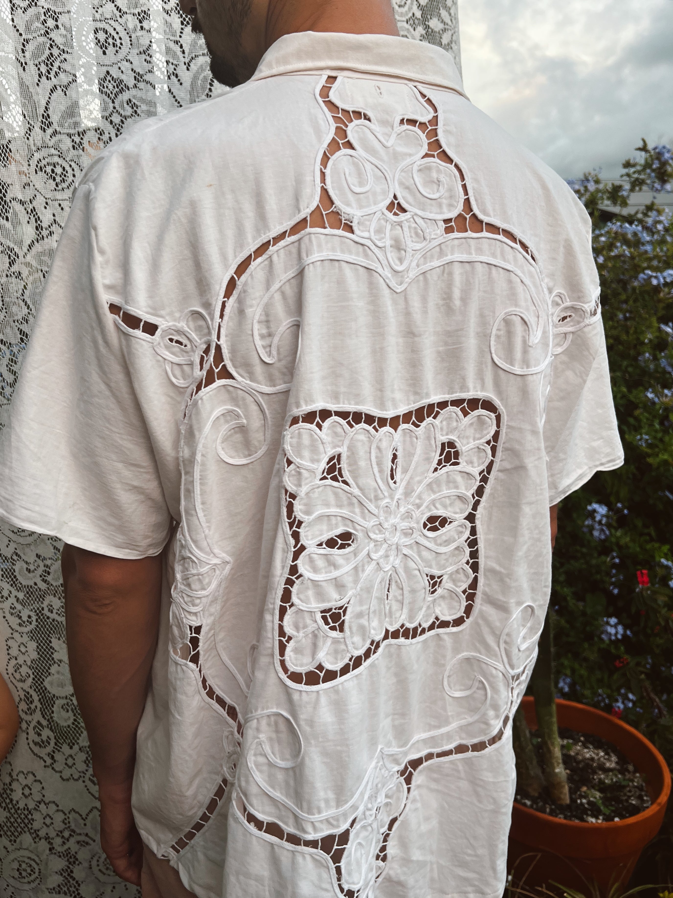 SOLD OUT Button Up Shirt with Intricate Back Embroidery in Men's XL