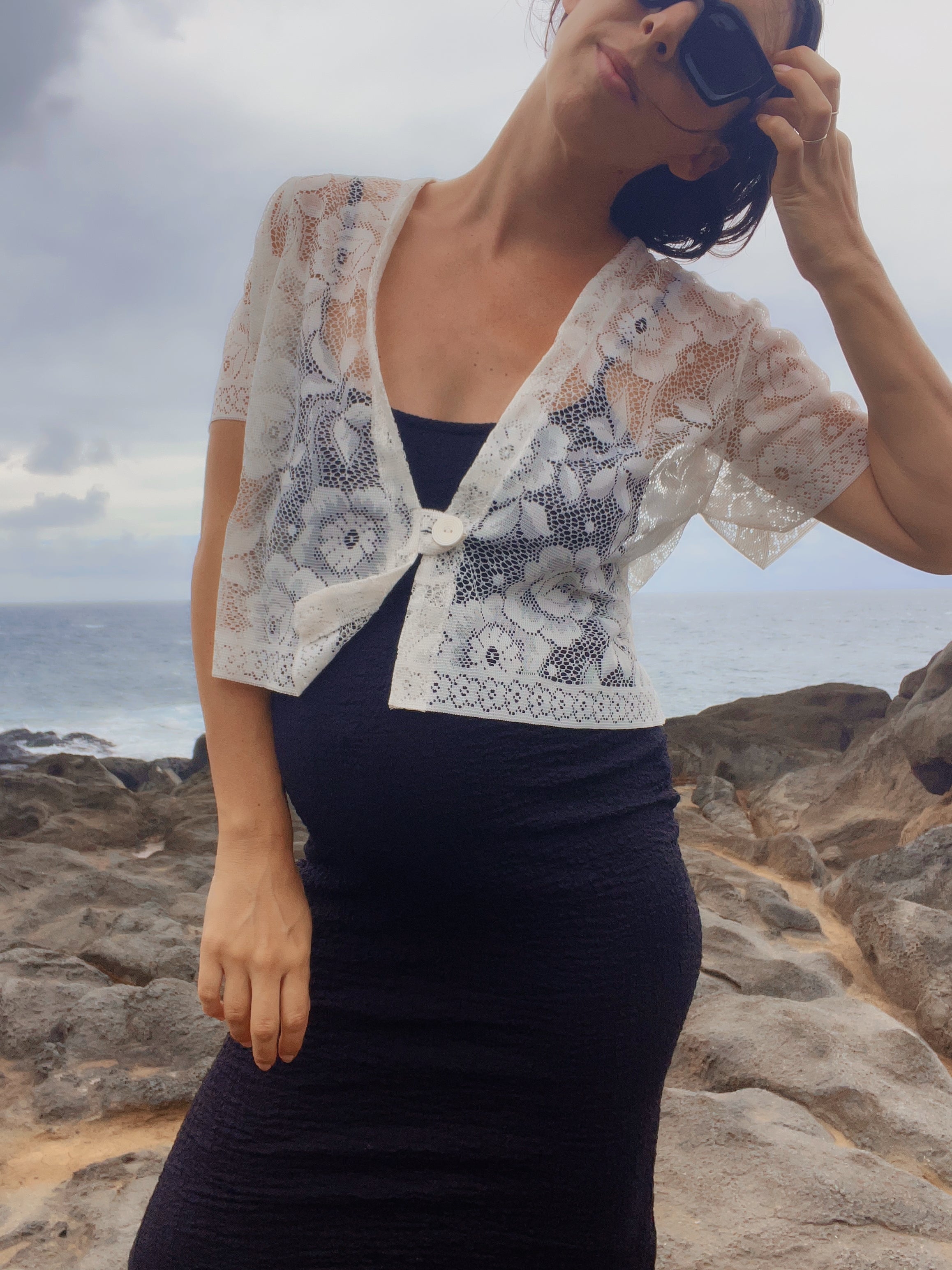 A Floral Lace Button Front Crop Top