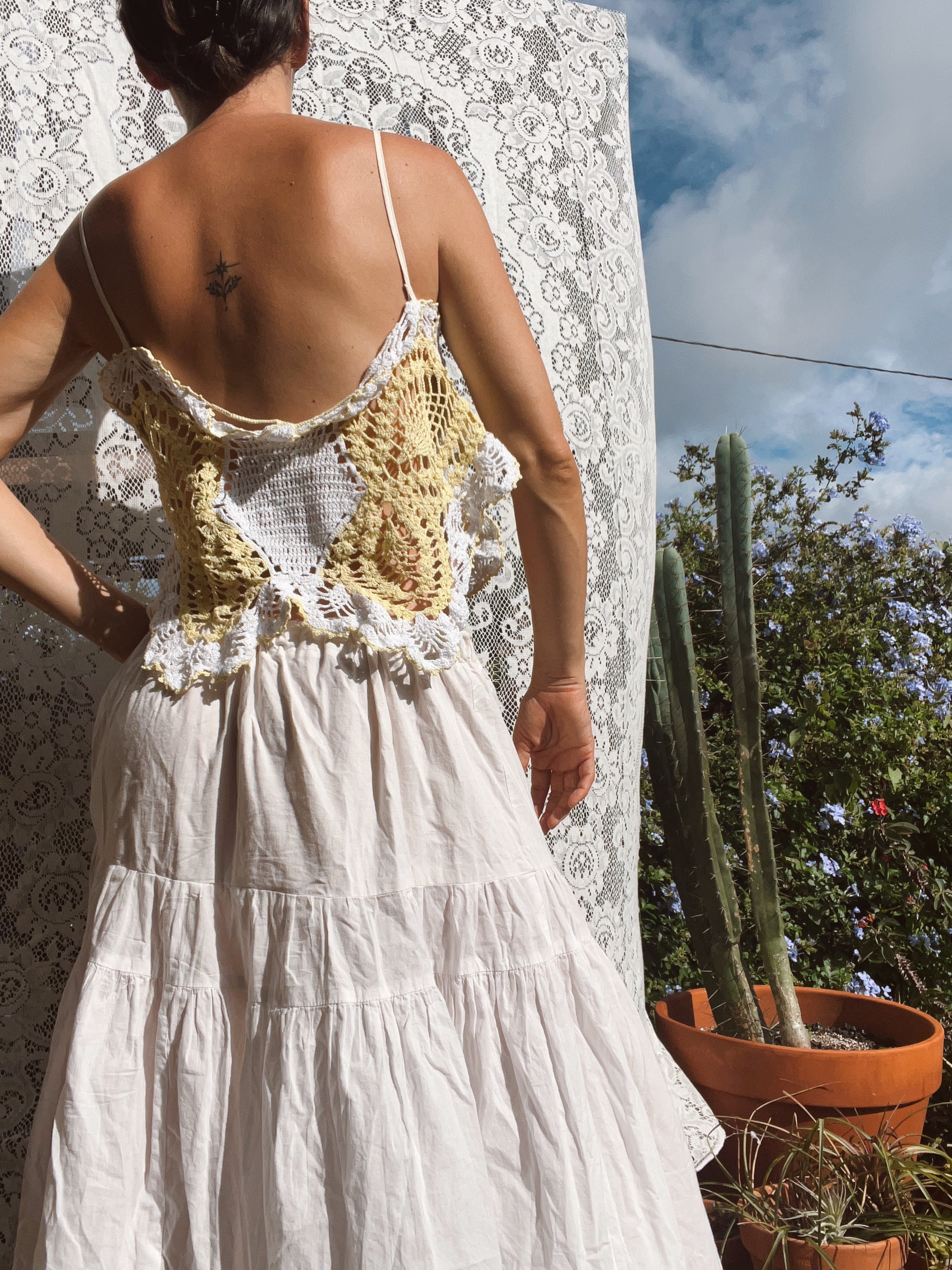 A Crochet Knit Butterfly Tank Top in Yellow & White
