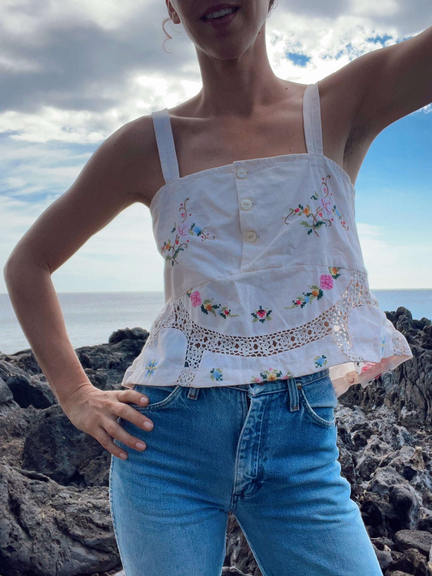 A Table Cloth Embroidered Crop Tank Top
