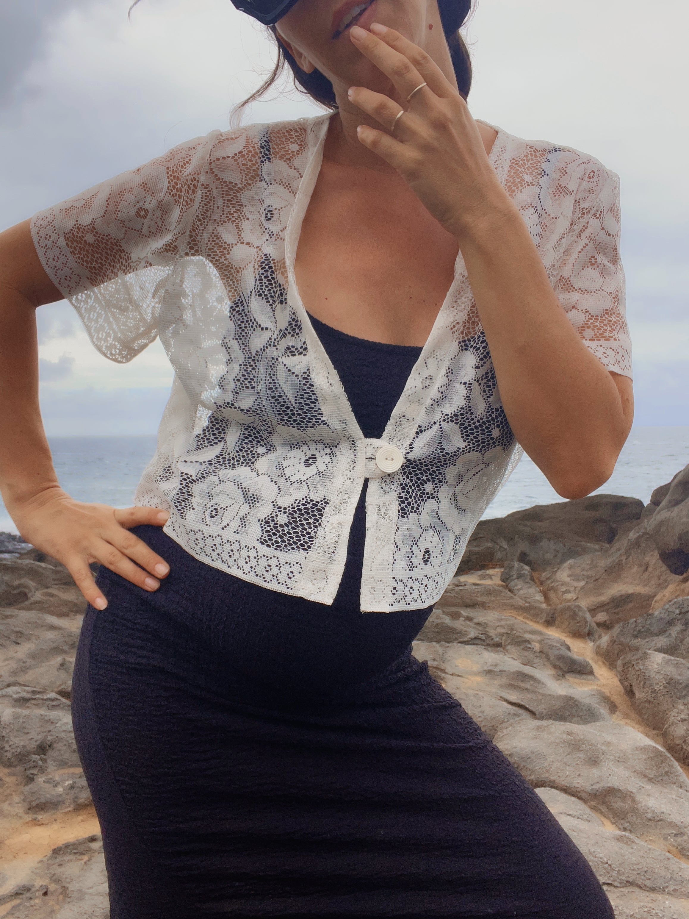 A Floral Lace Button Front Crop Top