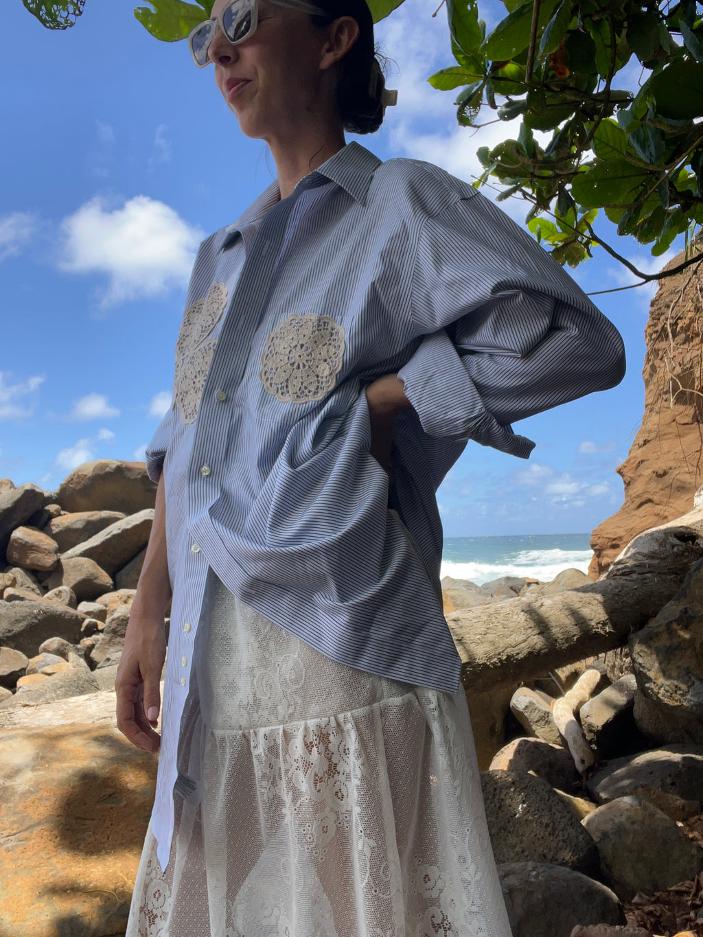 A Lace Doilie Button Up Shirt Blue stripe