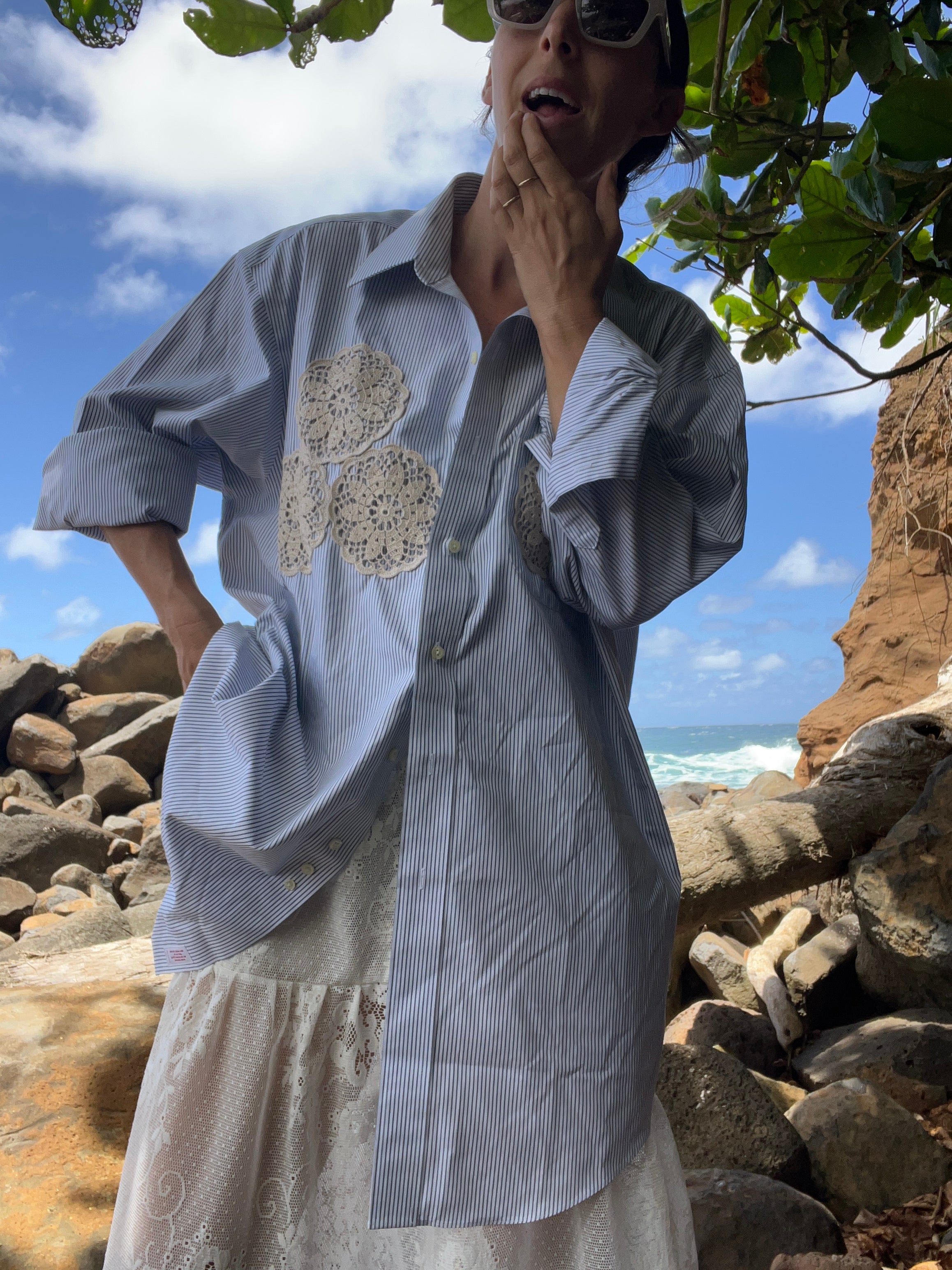 A Lace Doilie Button Up Shirt Blue stripe