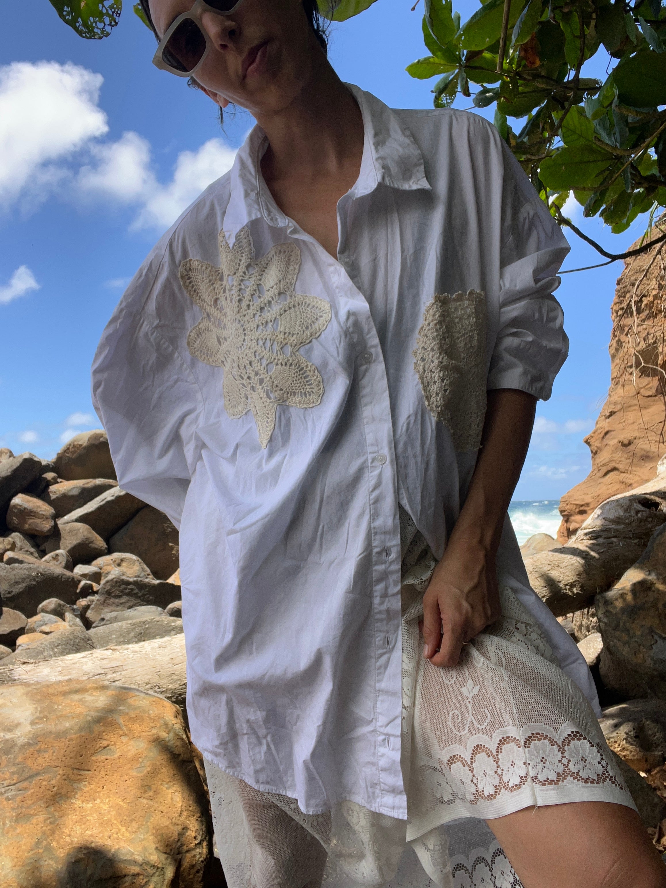 A Lace Doilie Button Up Shirt in White