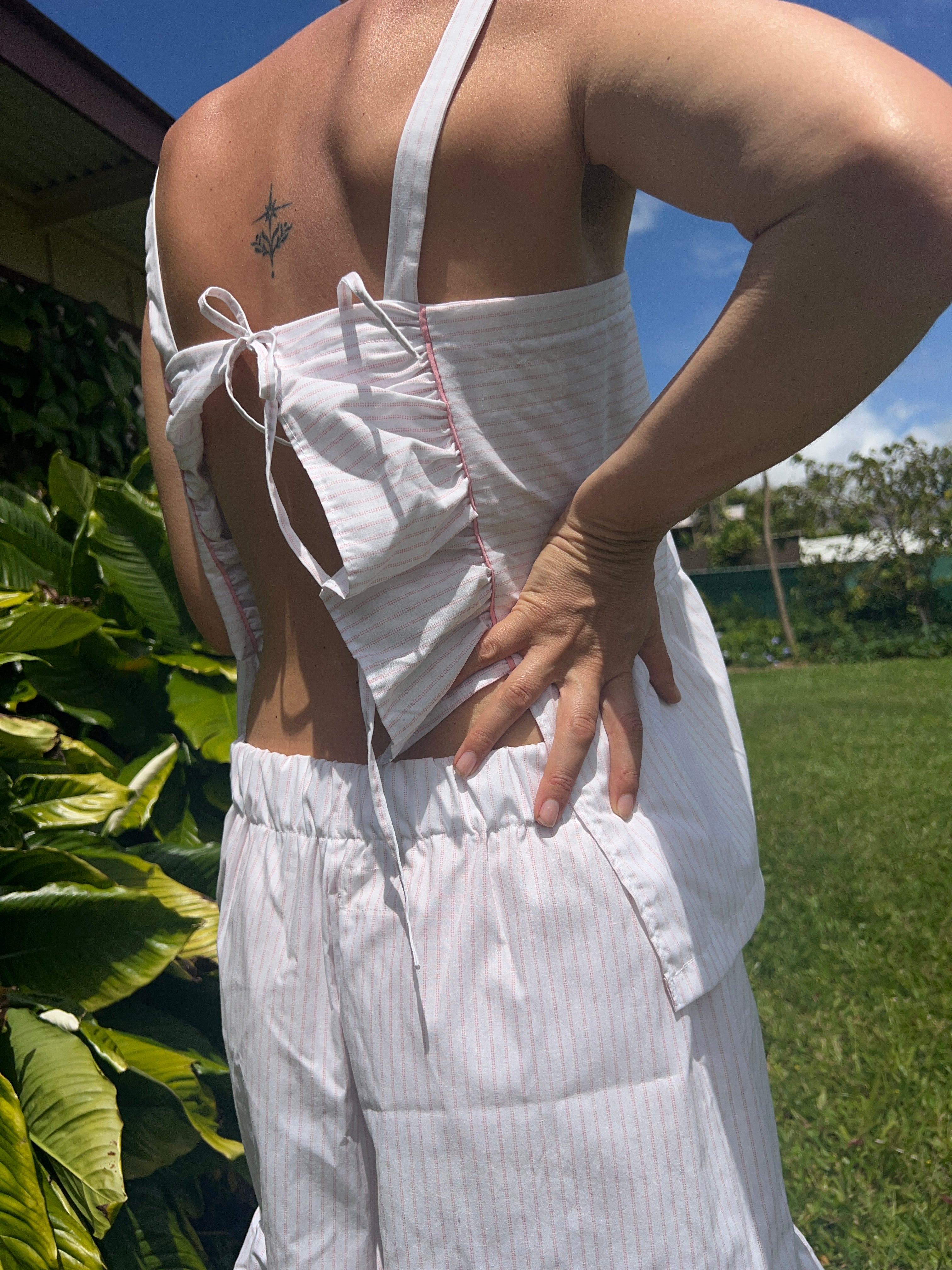 A Striped Pillowcase Top with Ruffled Hem