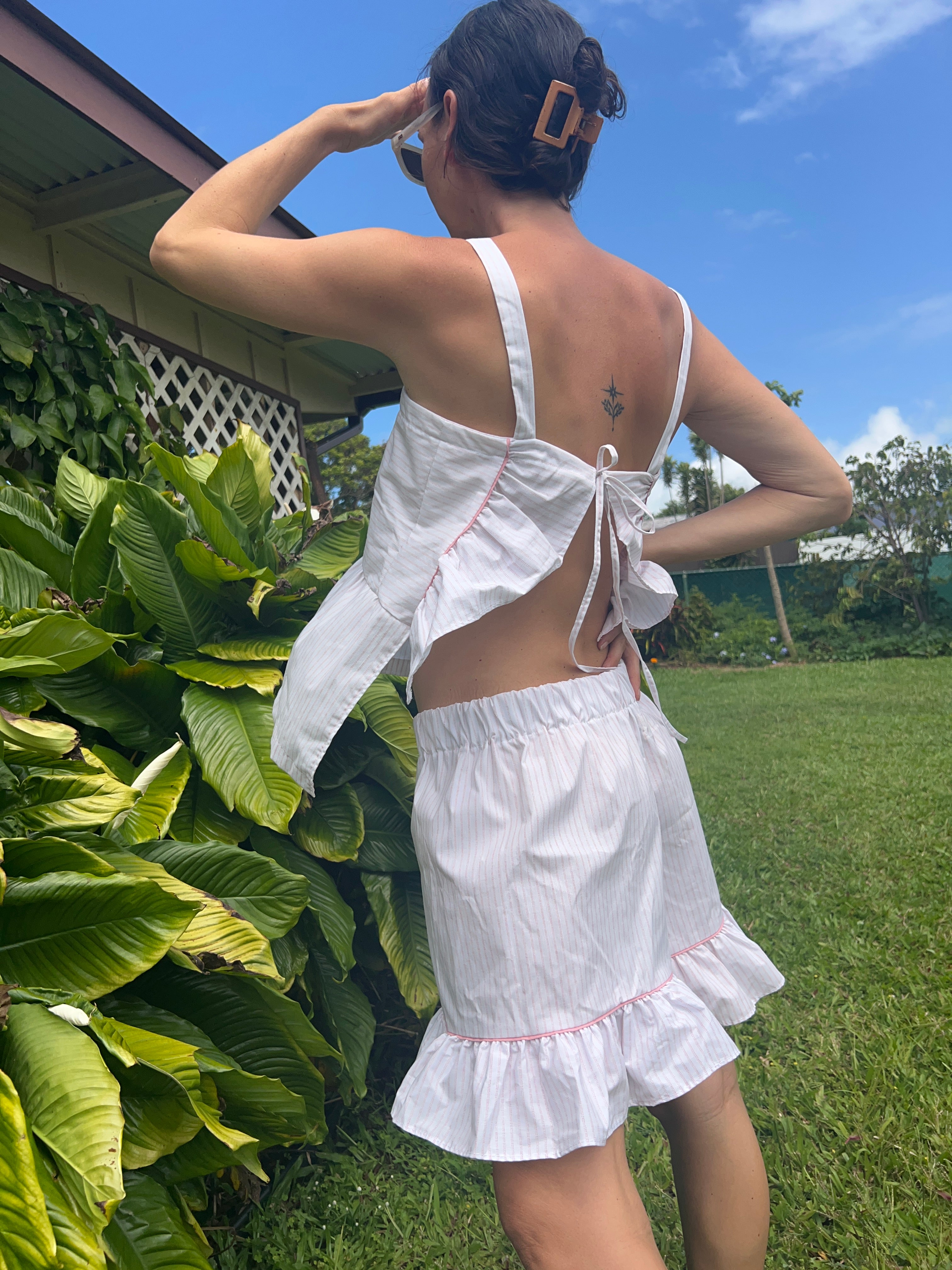 A Striped Pillowcase Top with Ruffled Hem