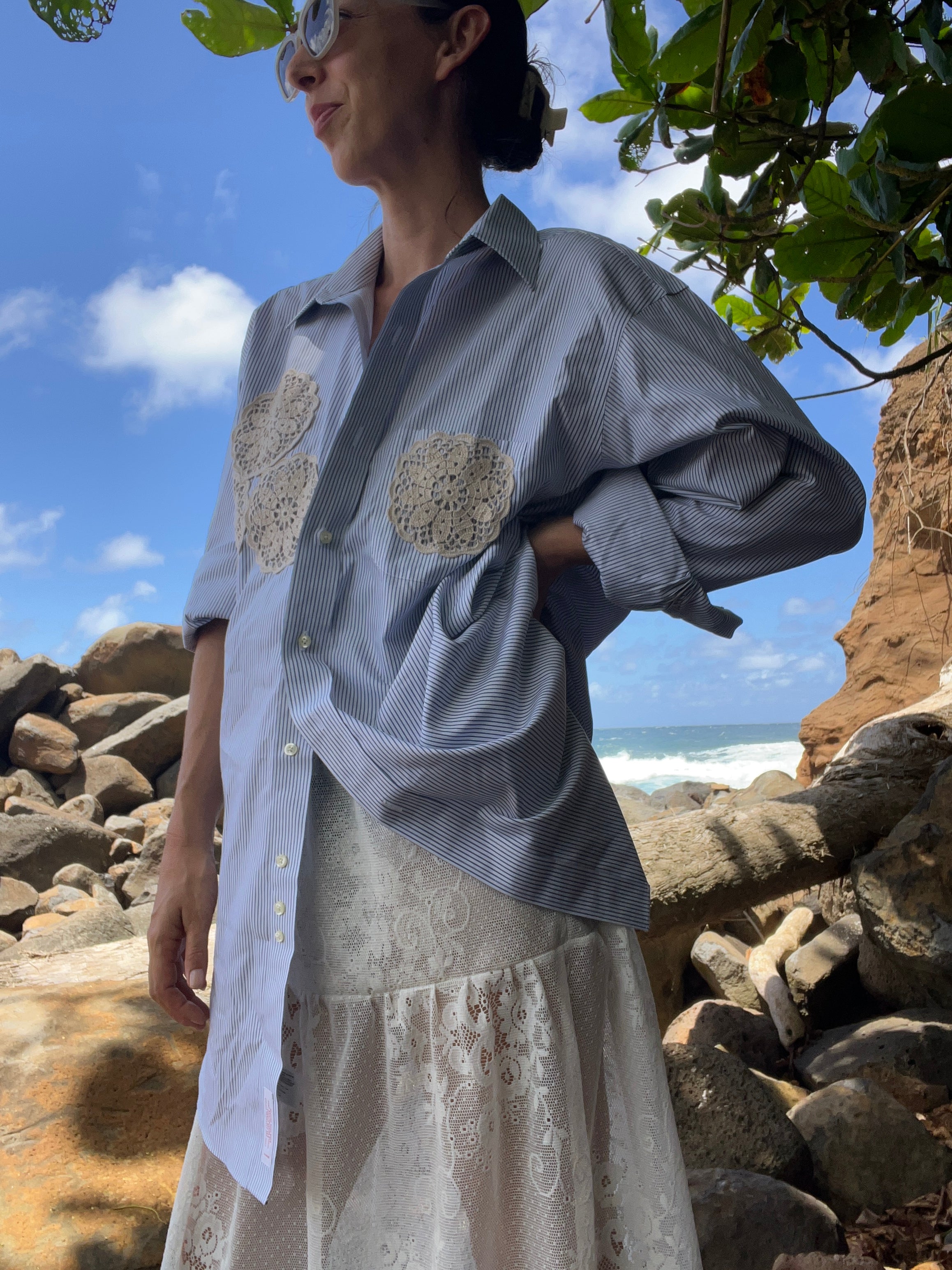 A Lace Doilie Button Up Shirt Blue stripe