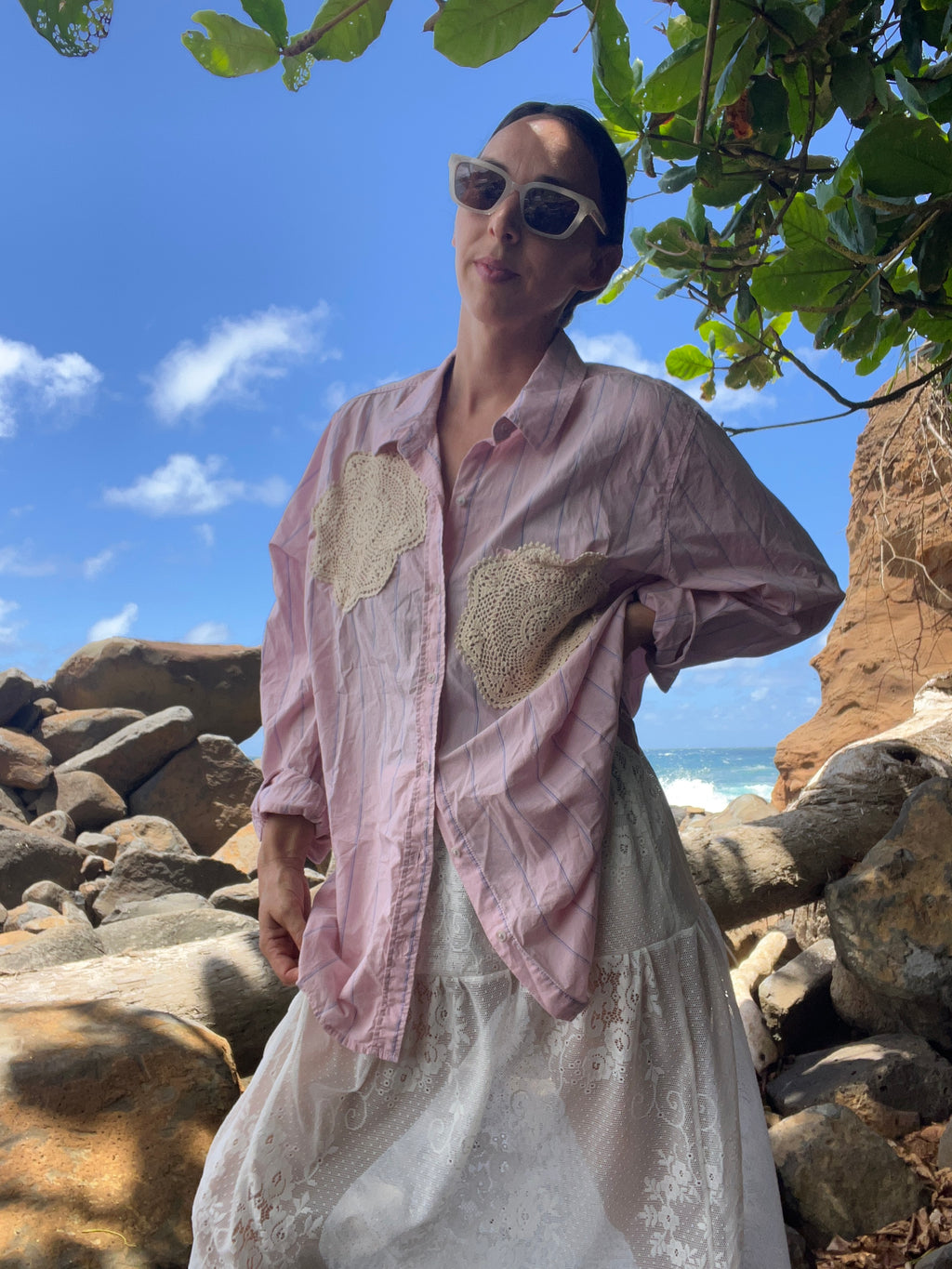 A Lace Doilie Button Up Shirt Pink Stripe