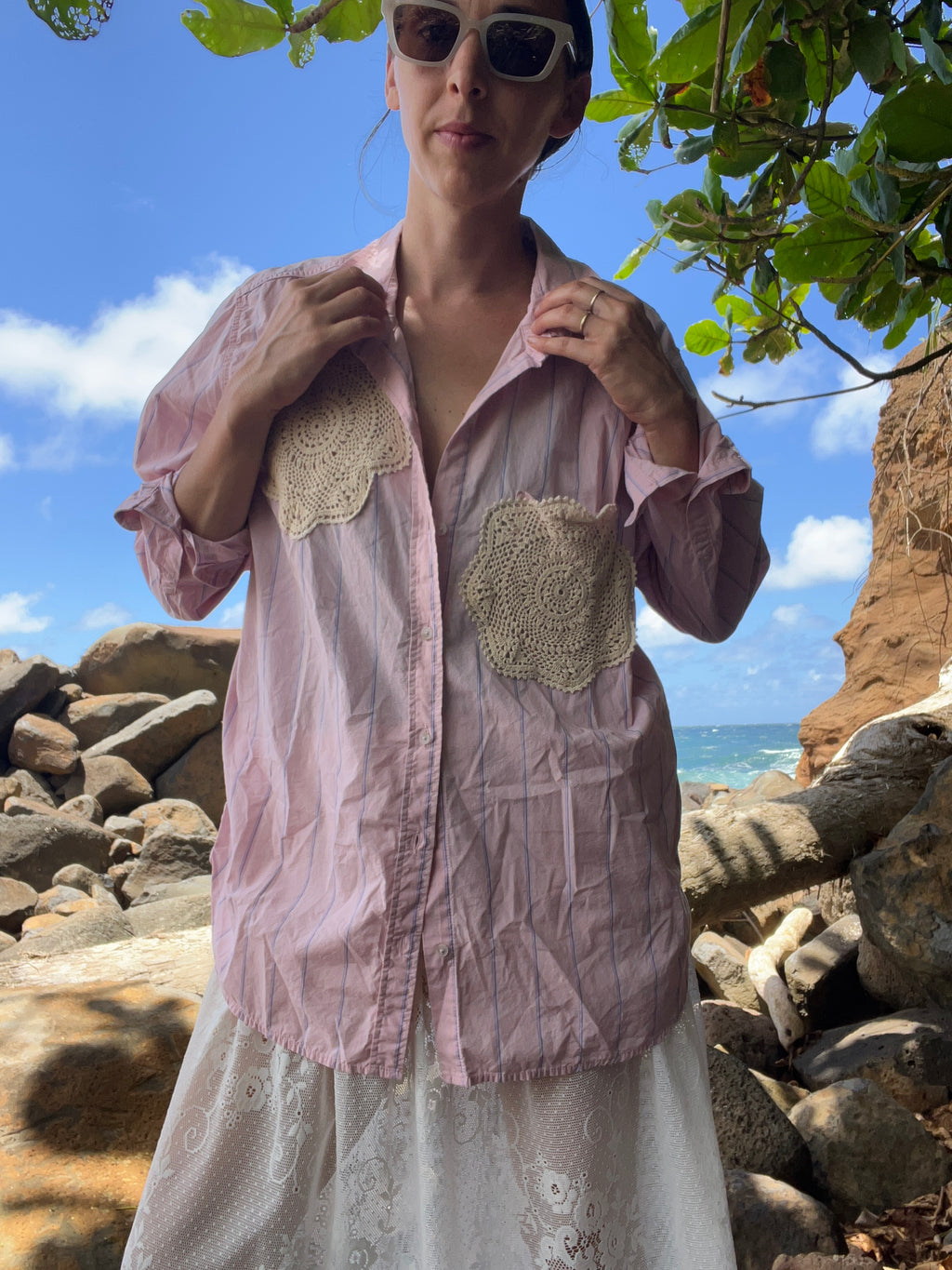 A Lace Doilie Button Up Shirt Pink Stripe