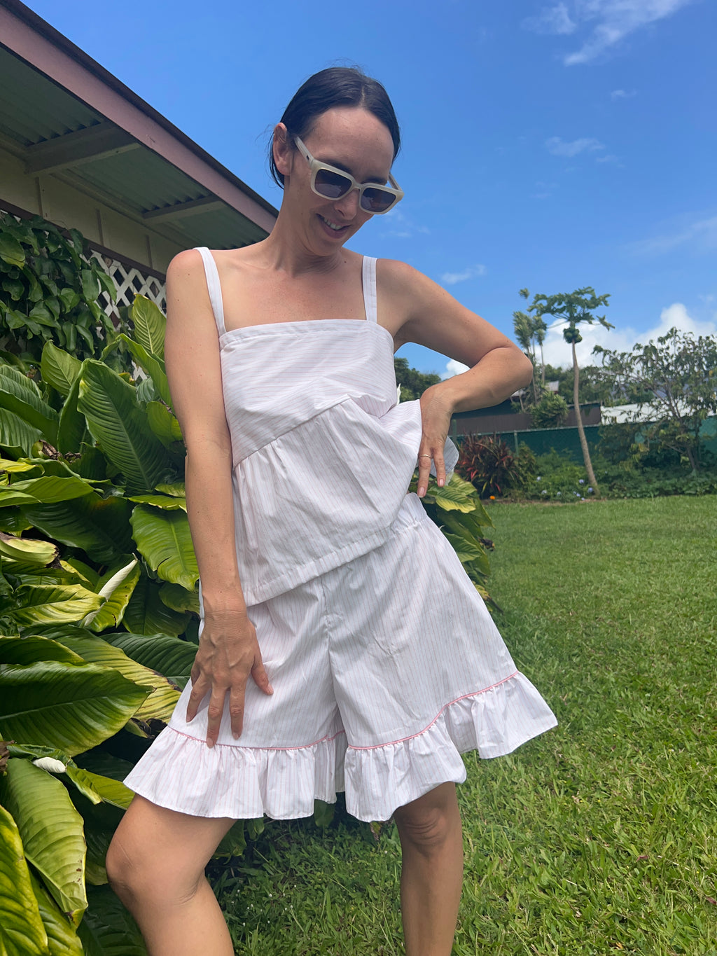 A Striped Pillowcase Top with Ruffled Hem