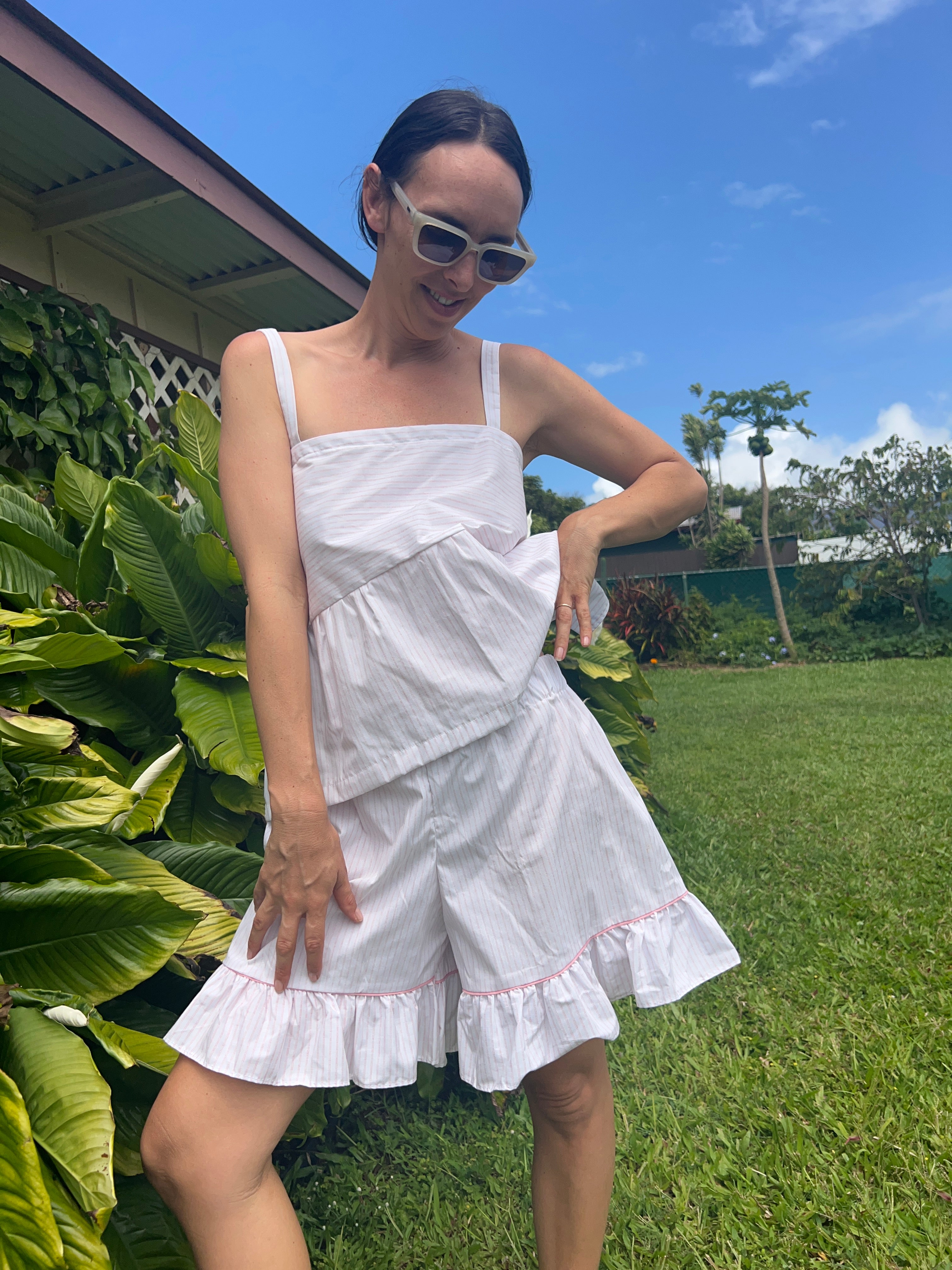 A Striped Pillowcase Top with Ruffled Hem
