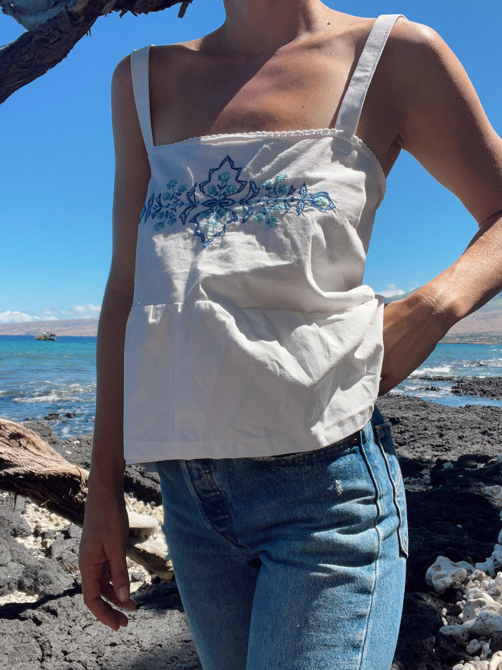 SOLD OUT Tie Back Tank Top with Embroidered detail