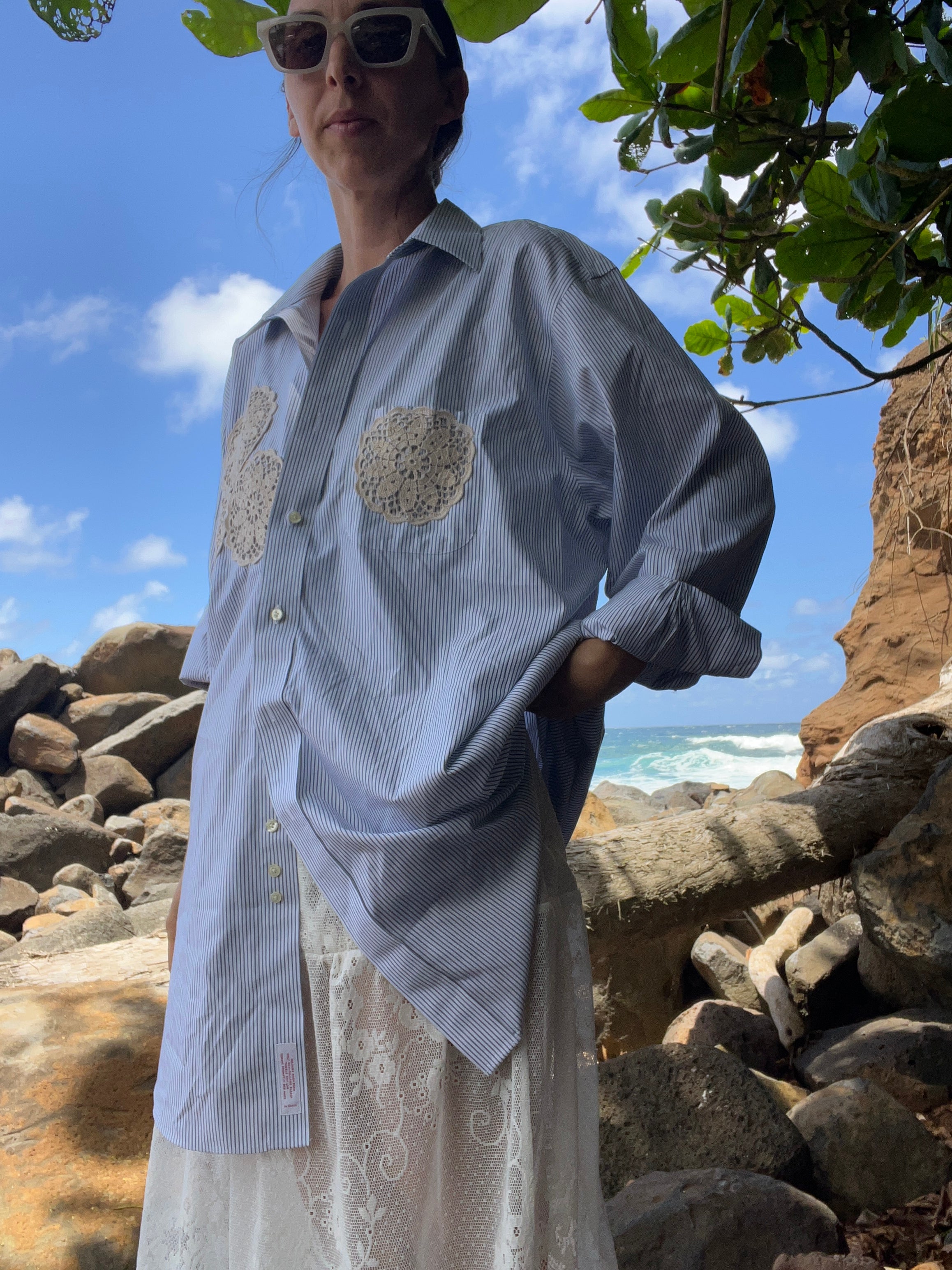 A Lace Doilie Button Up Shirt Blue stripe