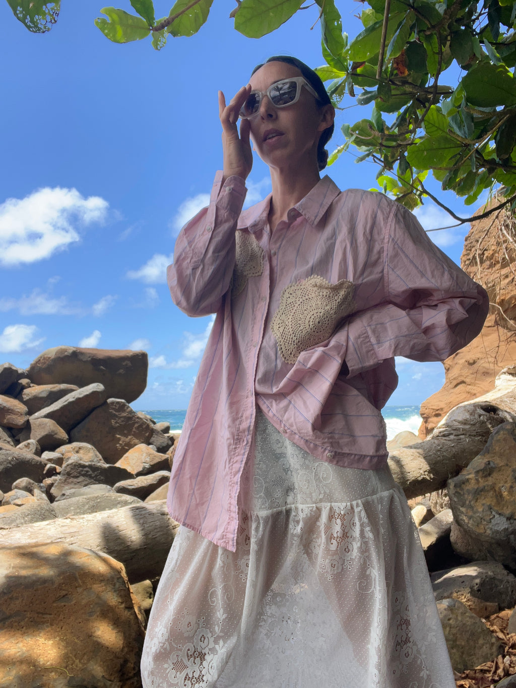 A Lace Doilie Button Up Shirt Pink Stripe