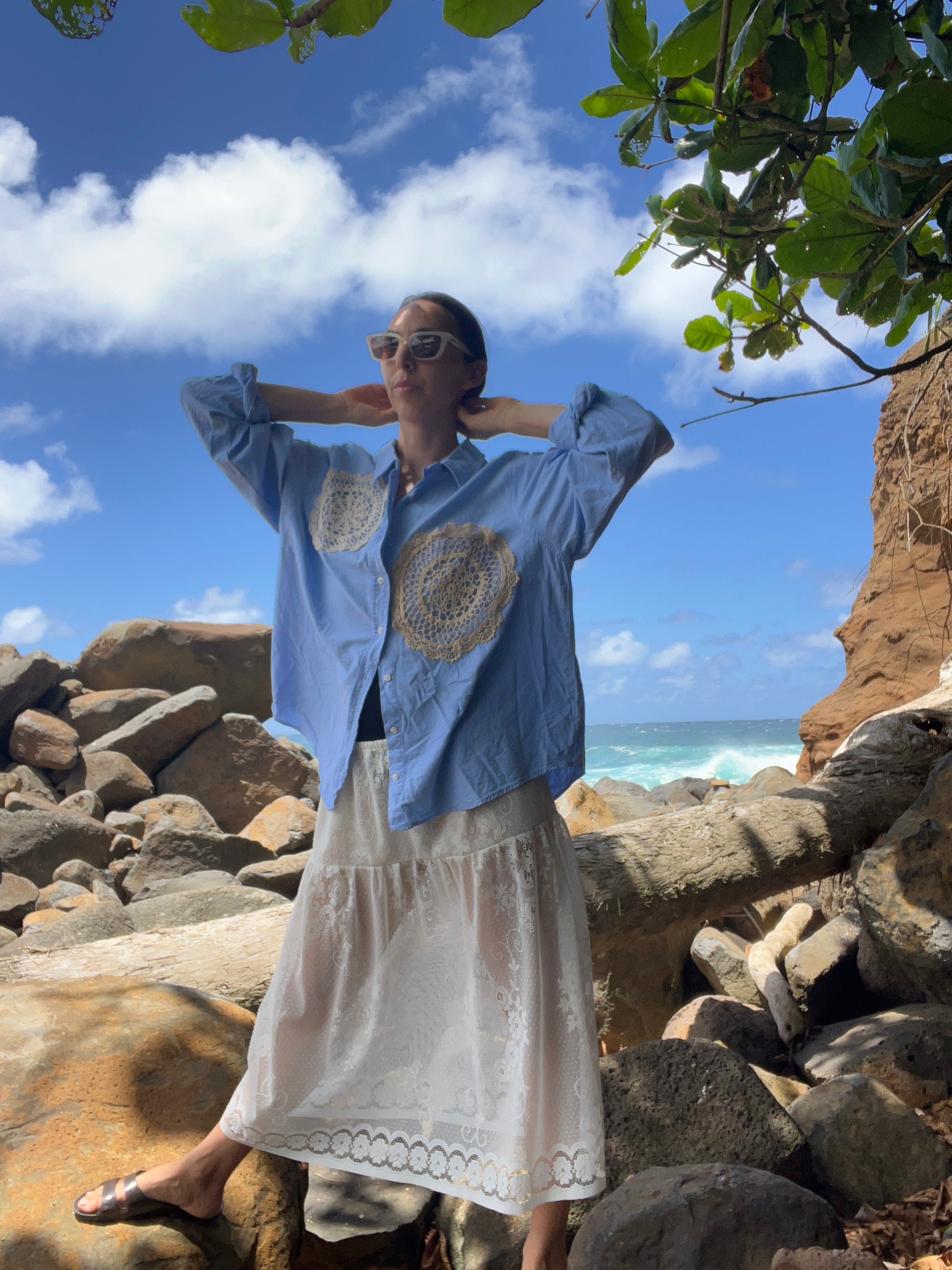 A Lace Doilie Button Up Shirt Blue
