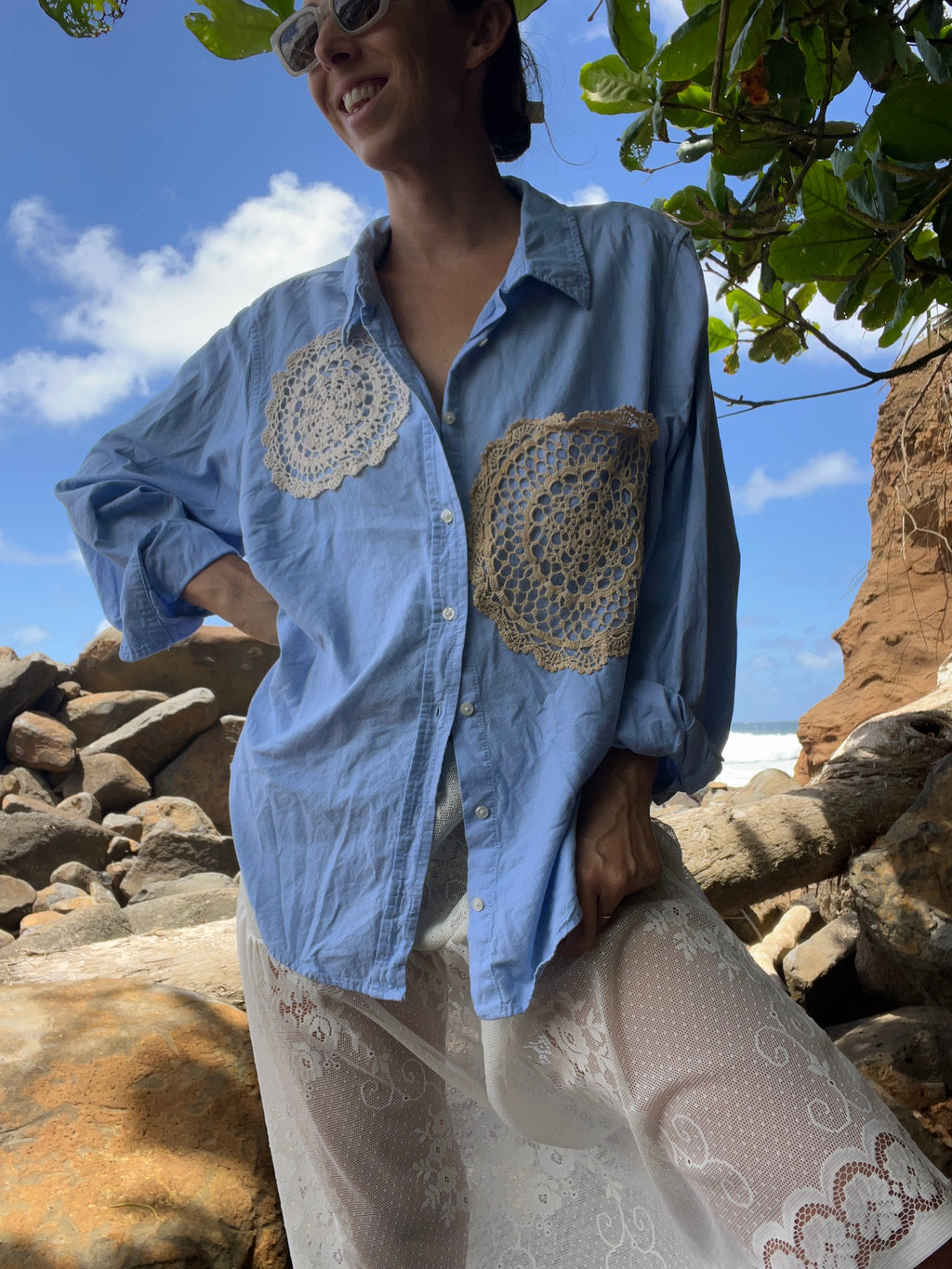 A Lace Doilie Button Up Shirt Blue
