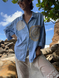 A Lace Doilie Button Up Shirt Blue