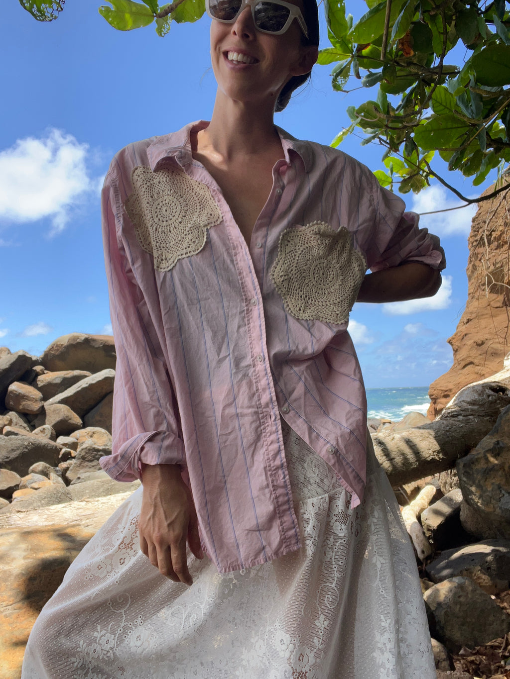 A Lace Doilie Button Up Shirt Pink Stripe