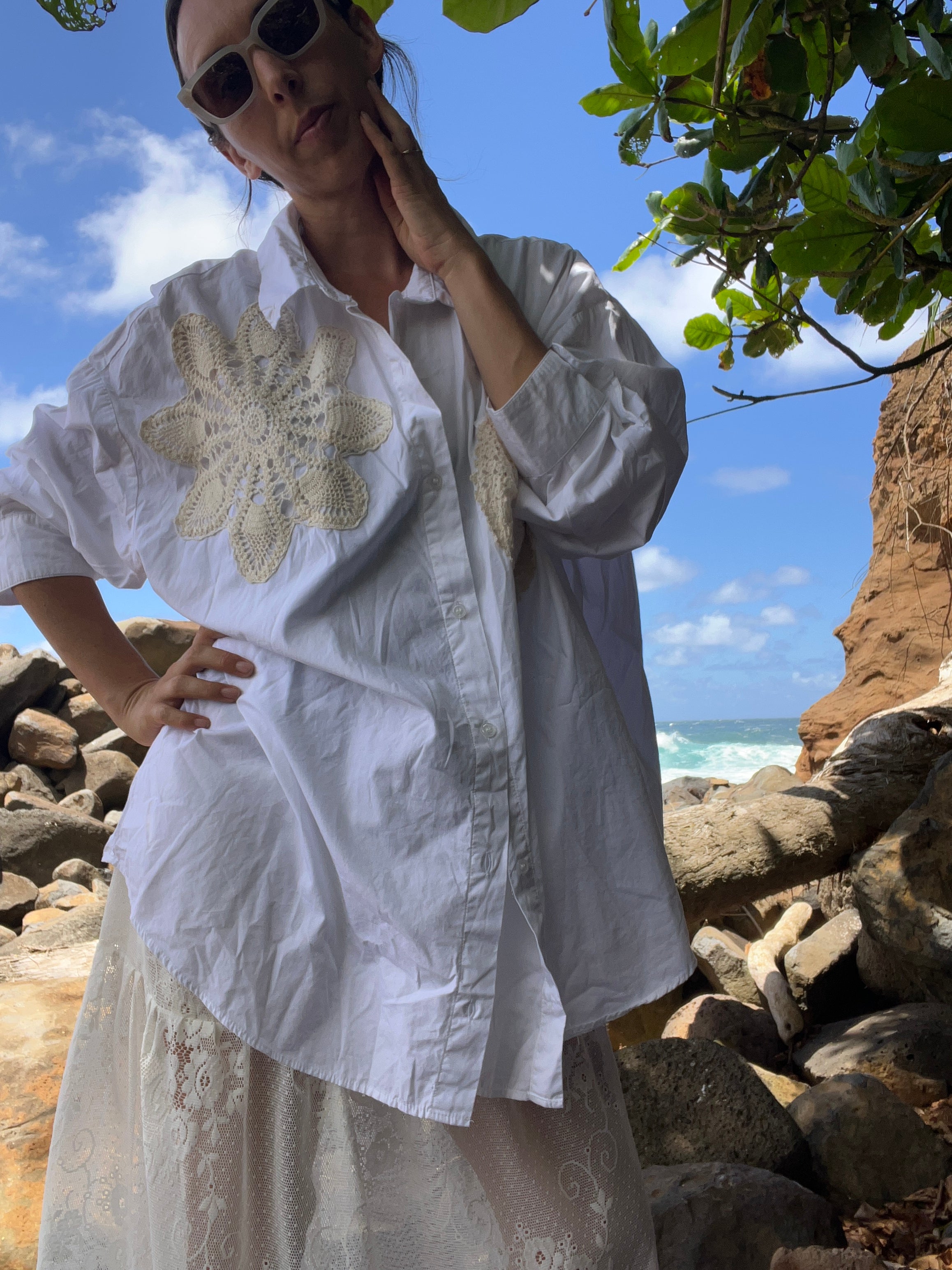 A Lace Doilie Button Up Shirt in White