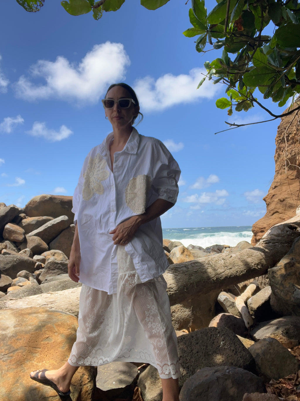 A Lace Doilie Button Up Shirt in White