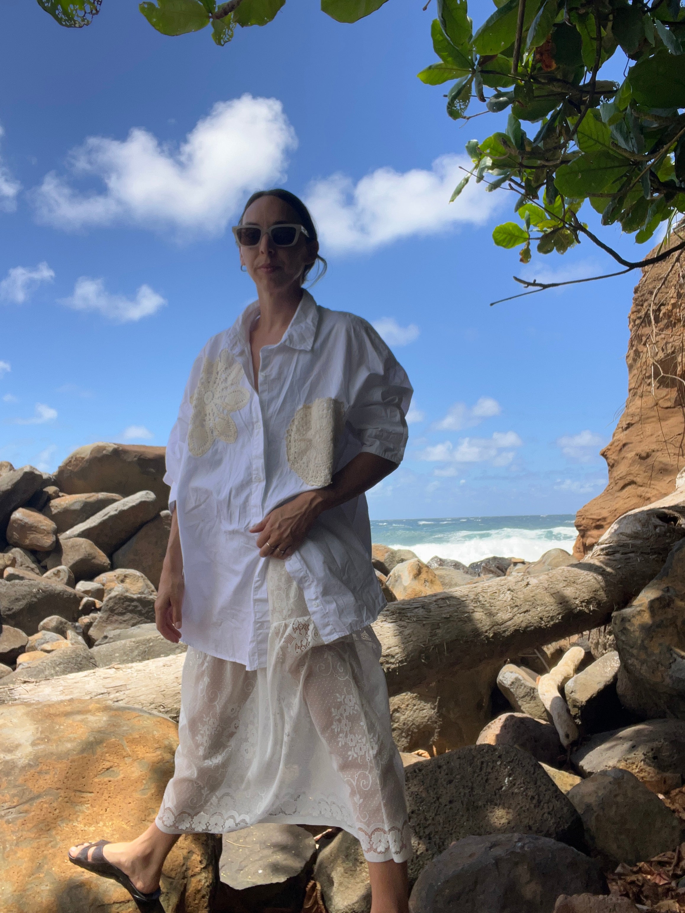 A Lace Doilie Button Up Shirt in White