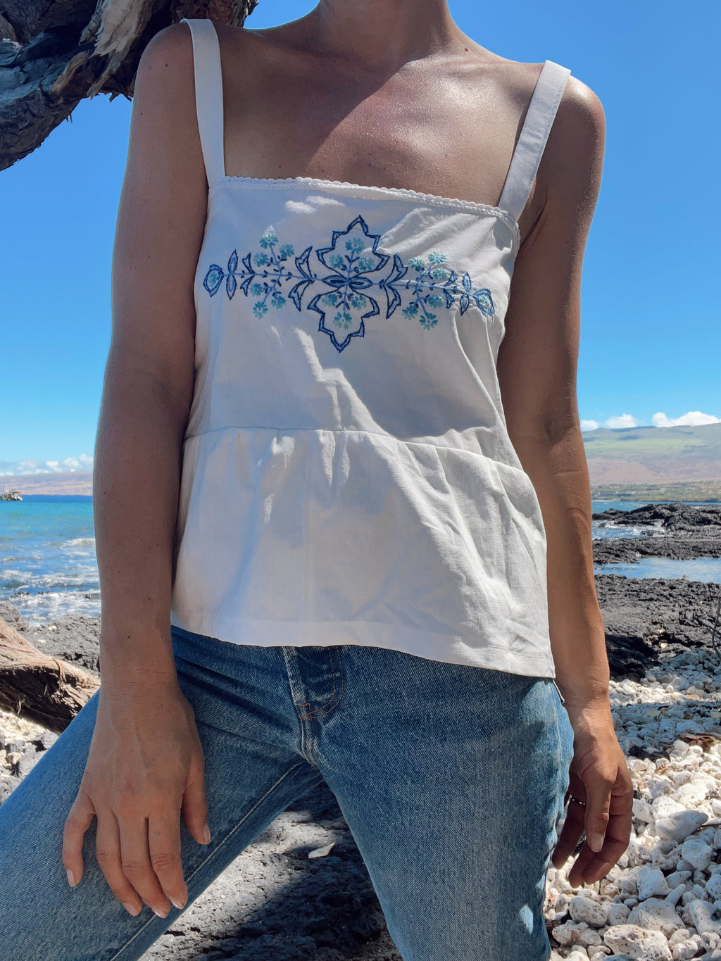 SOLD OUT Tie Back Tank Top with Embroidered detail