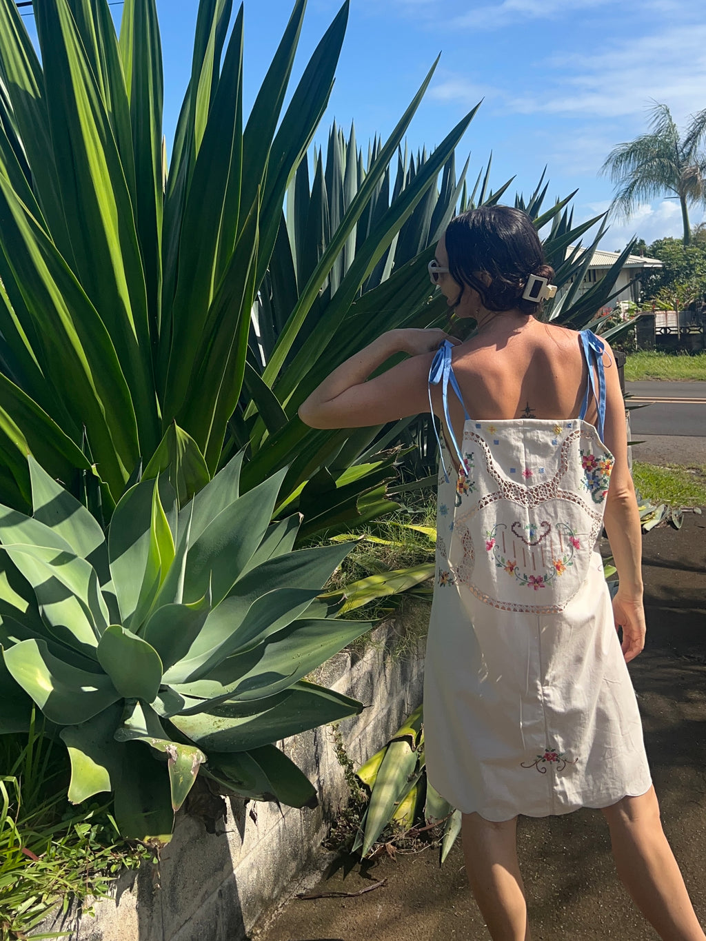 An Embroidered Floral Dress with tie straps