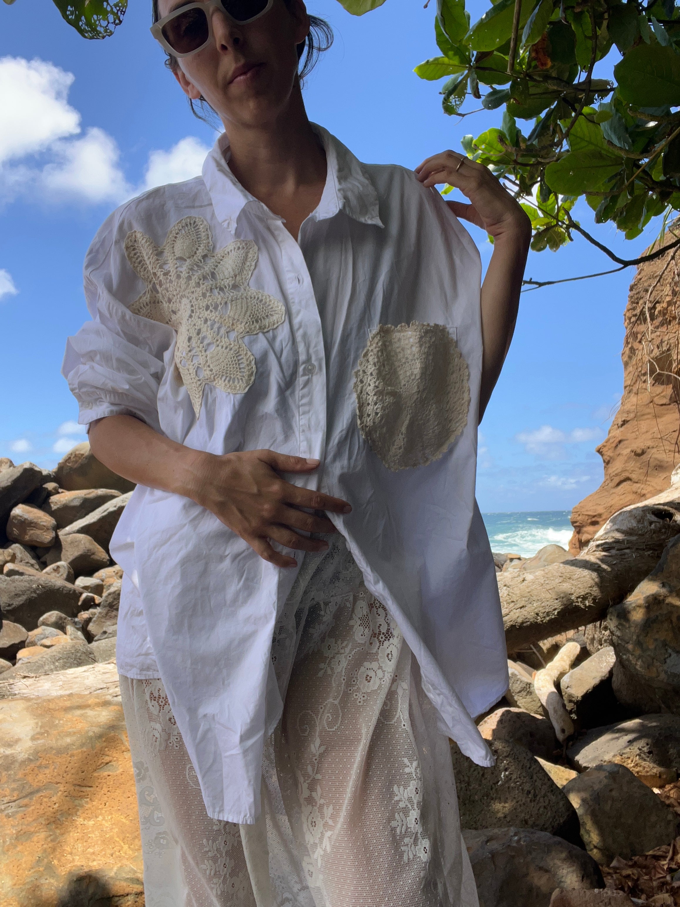 A Lace Doilie Button Up Shirt in White