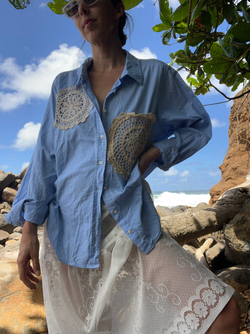 A Lace Doilie Button Up Shirt Blue