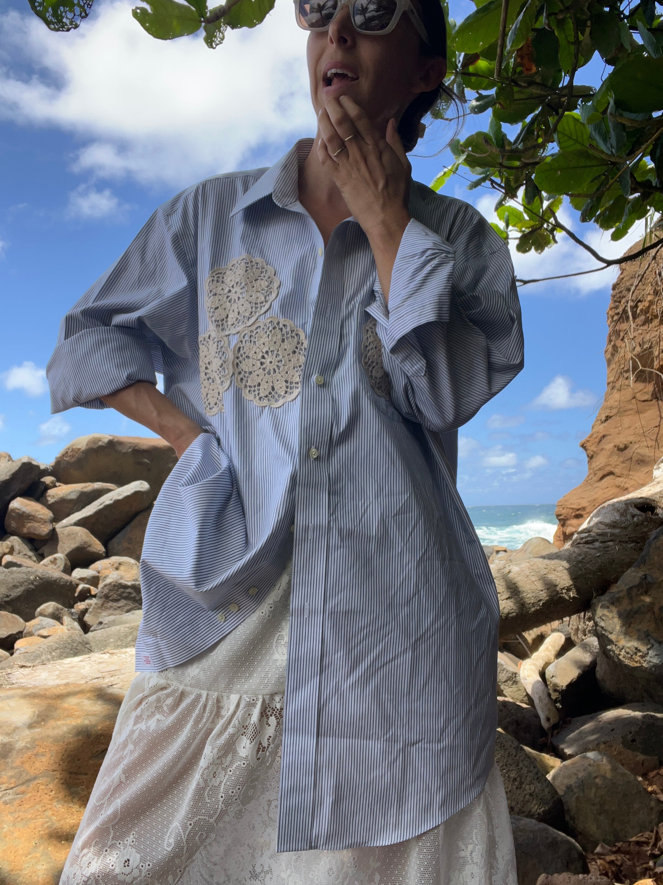 A Lace Doilie Button Up Shirt Blue stripe
