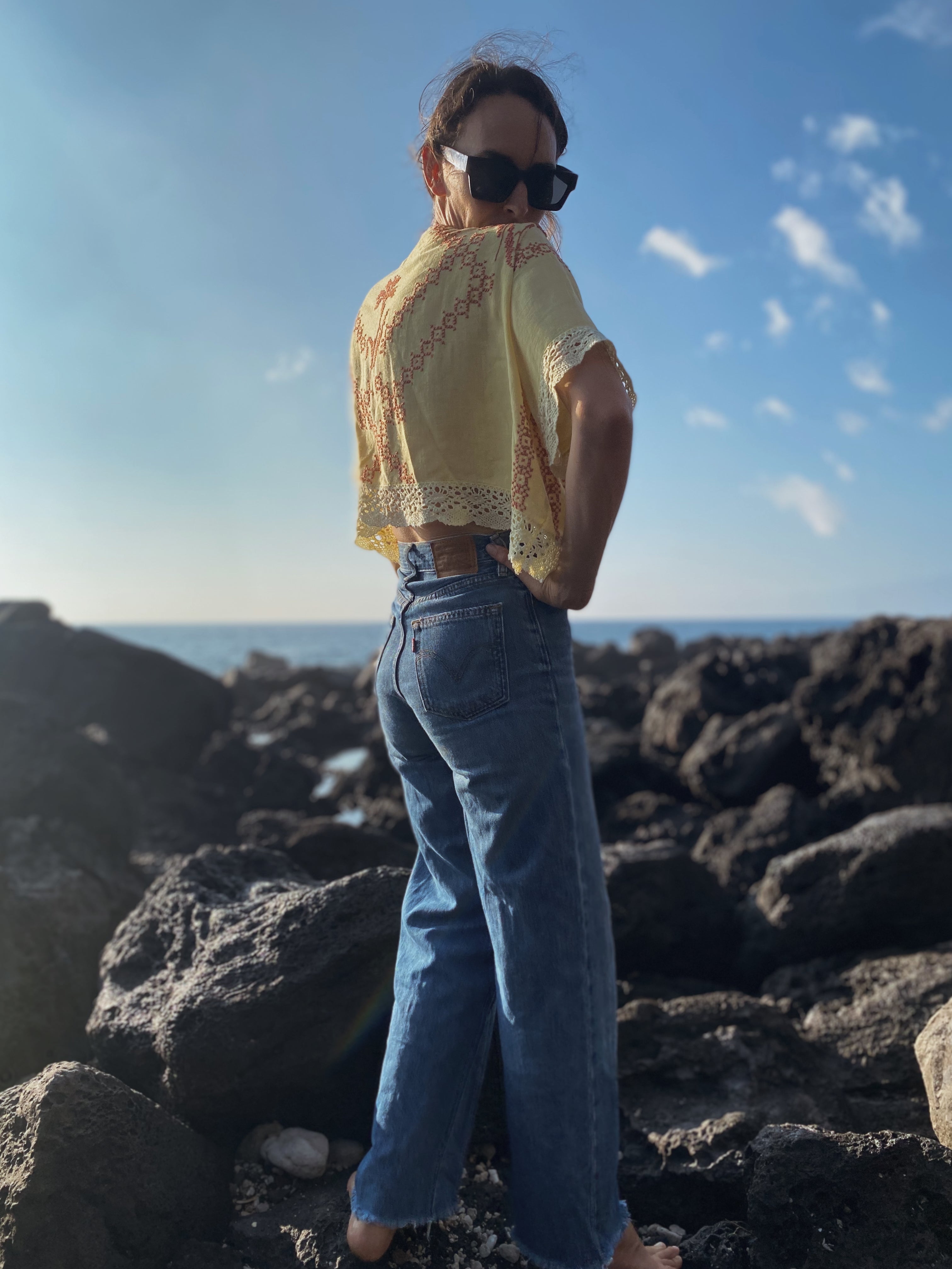 SOLD OUT Yellow Table Cloth Embroidered Crop Top