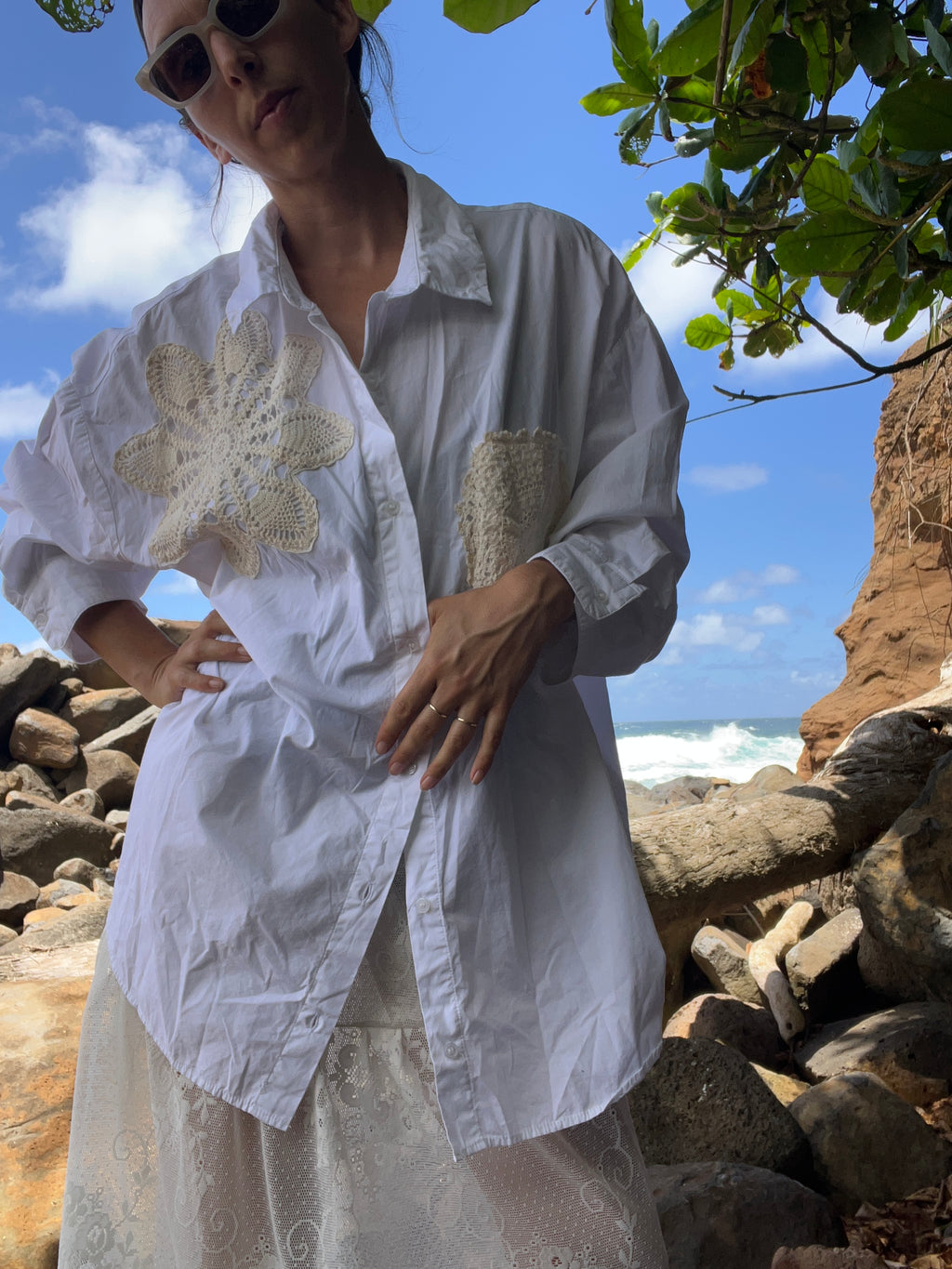 A Lace Doilie Button Up Shirt in White