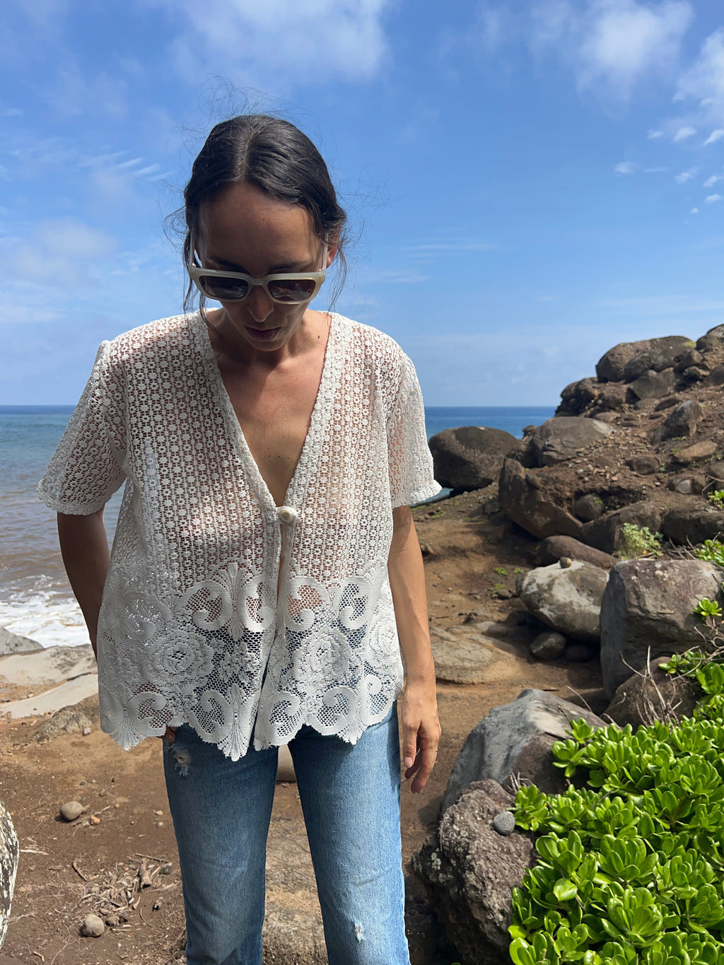 A Lace Button Front Top