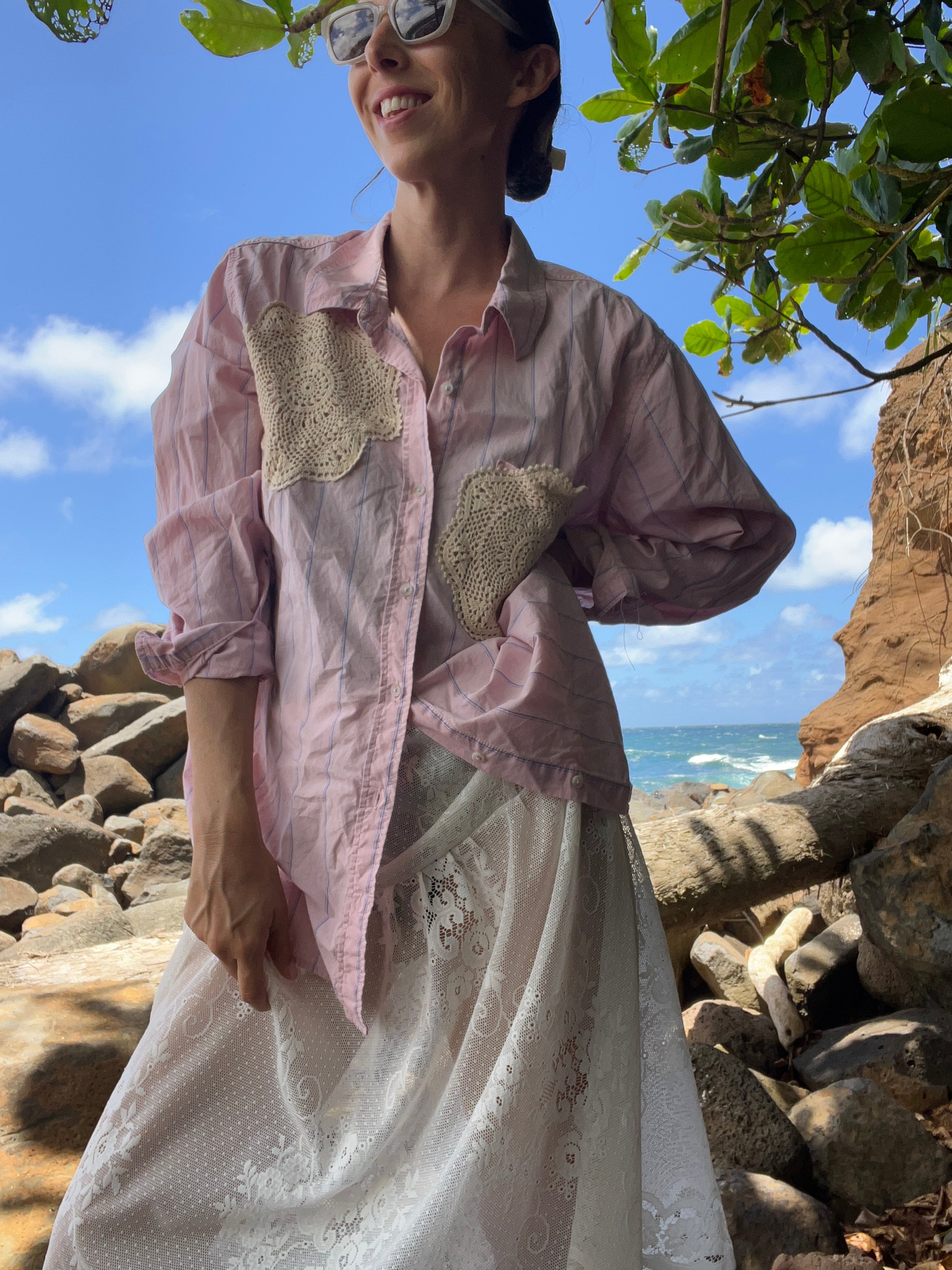 A Lace Doilie Button Up Shirt Pink Stripe