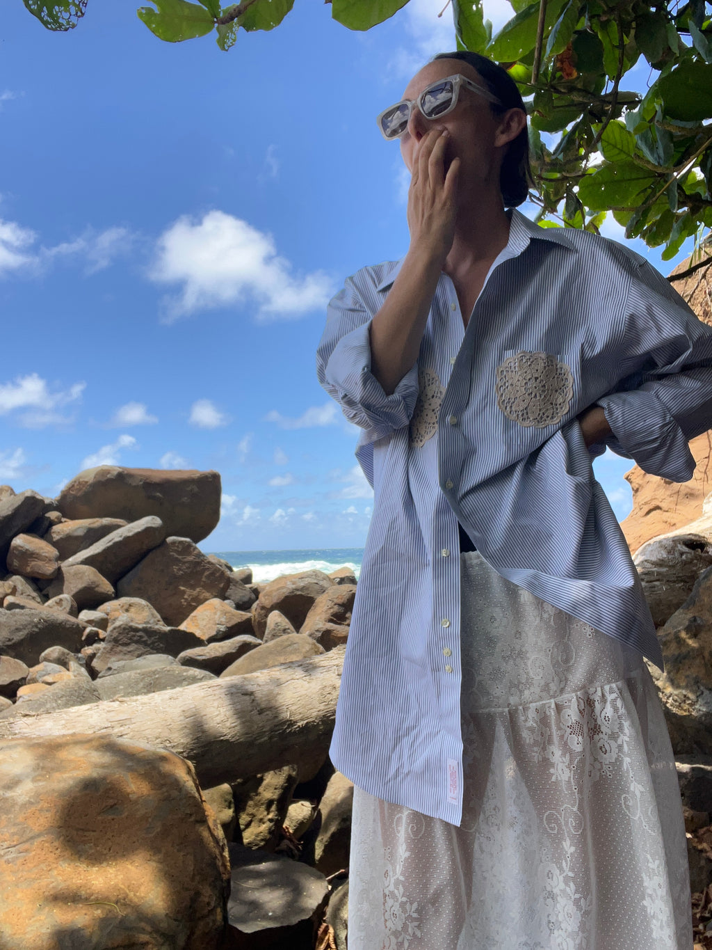 A Lace Doilie Button Up Shirt Blue stripe