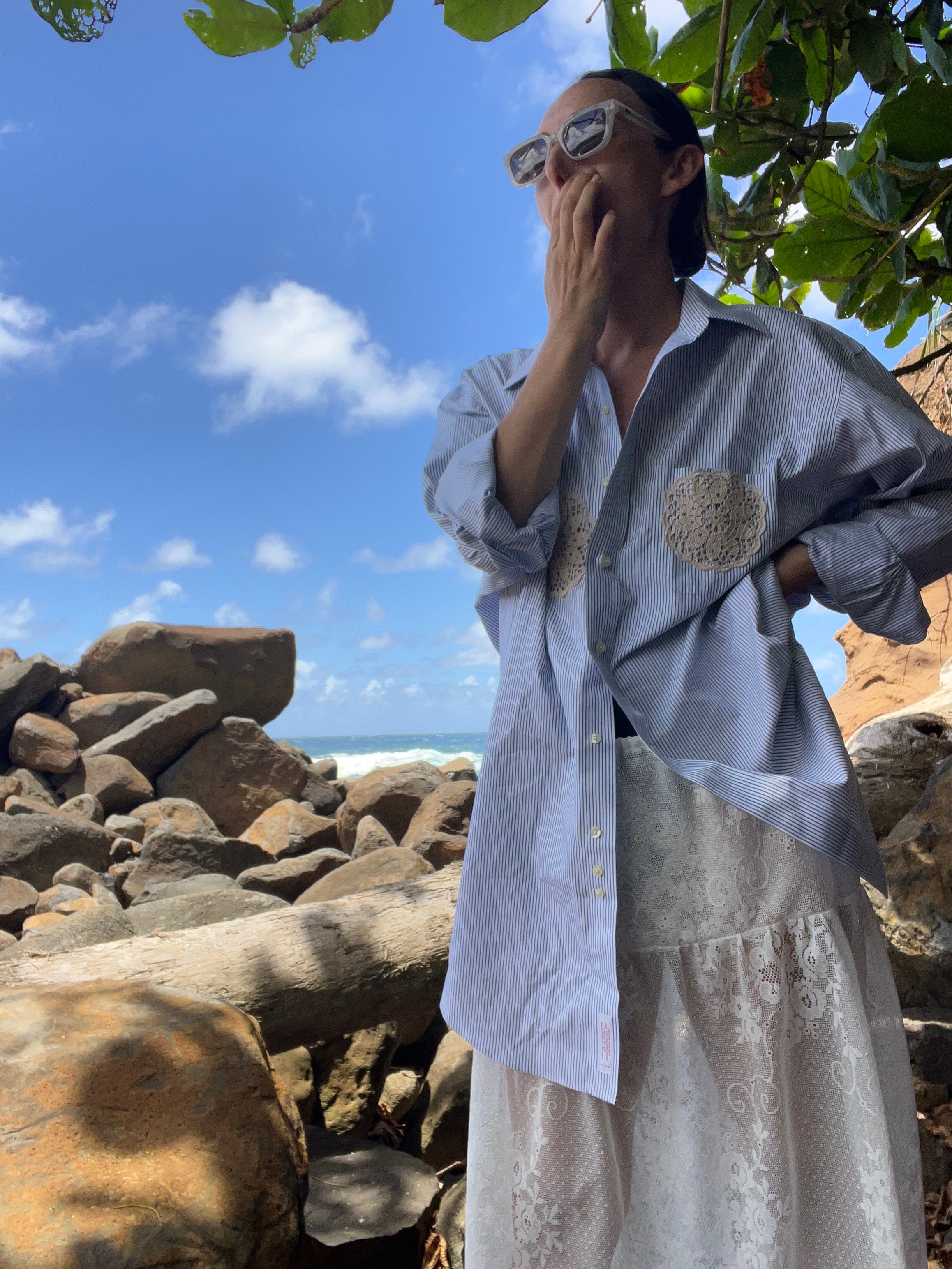 A Lace Doilie Button Up Shirt Blue stripe