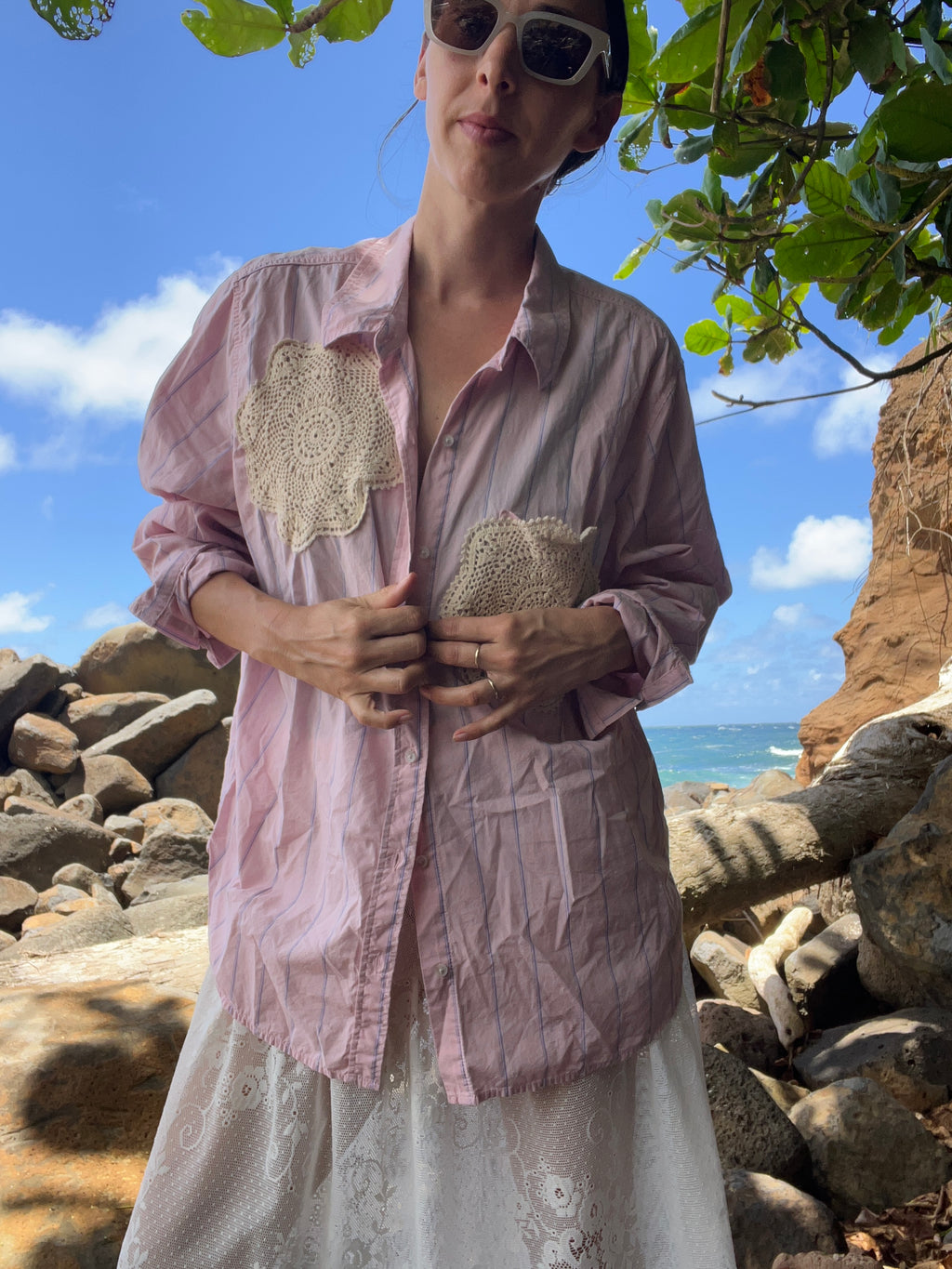 A Lace Doilie Button Up Shirt Pink Stripe