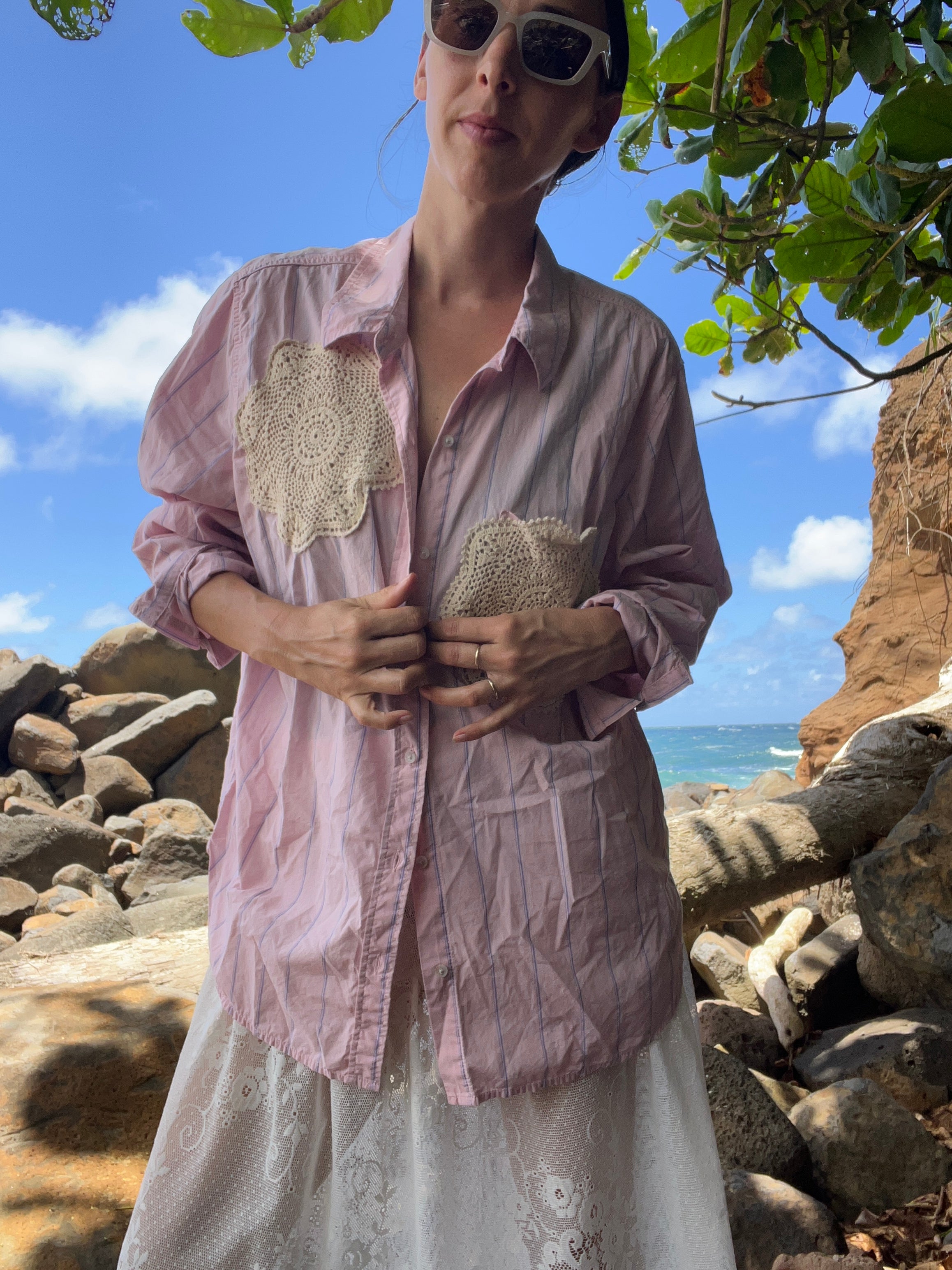 A Lace Doilie Button Up Shirt Pink Stripe
