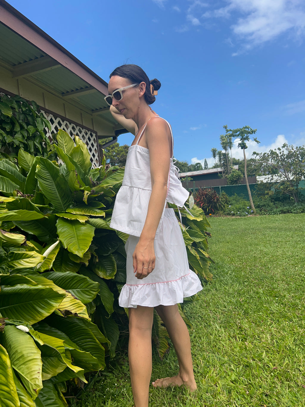 A Striped Pillowcase Top with Ruffled Hem