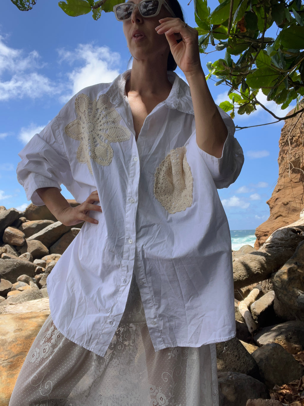 A Lace Doilie Button Up Shirt in White
