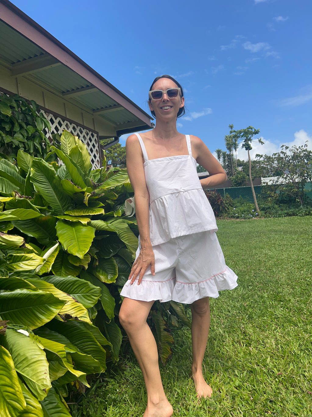 A Striped Pillowcase Top with Ruffled Hem