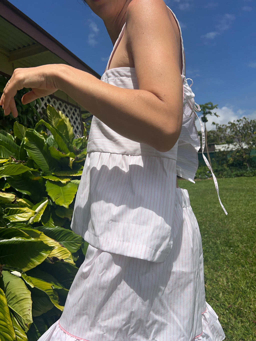 A Striped Pillowcase Top with Ruffled Hem