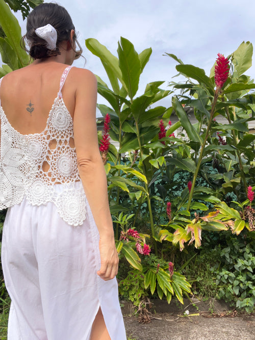 A Crochet Knit Crop Tank Top in Red & White