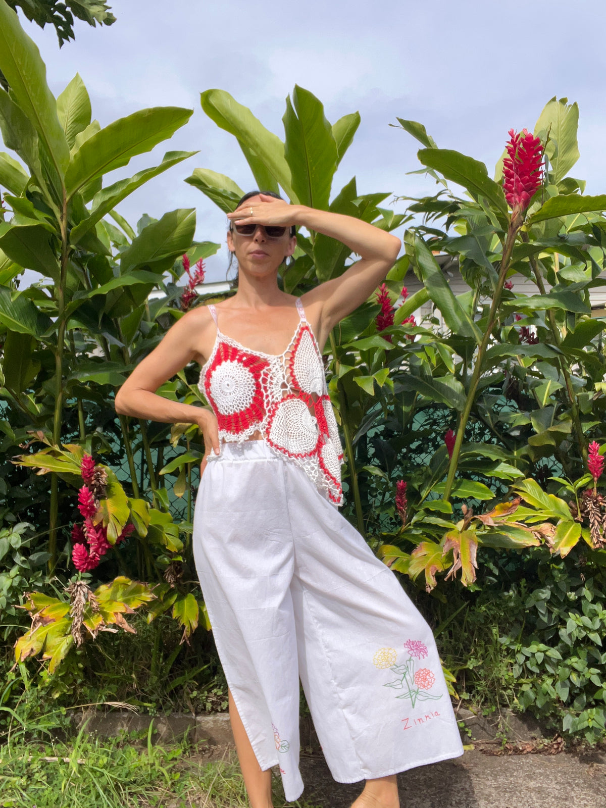 A Crochet Knit Crop Tank Top in Red & White