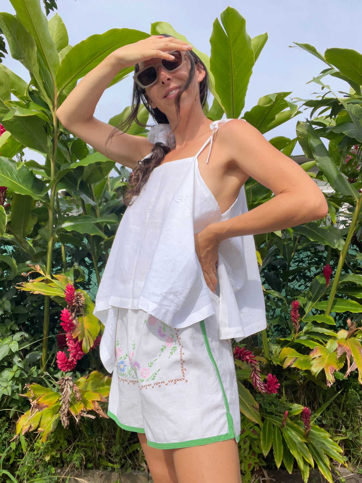 A Stripe &  Floral Embroidered Short