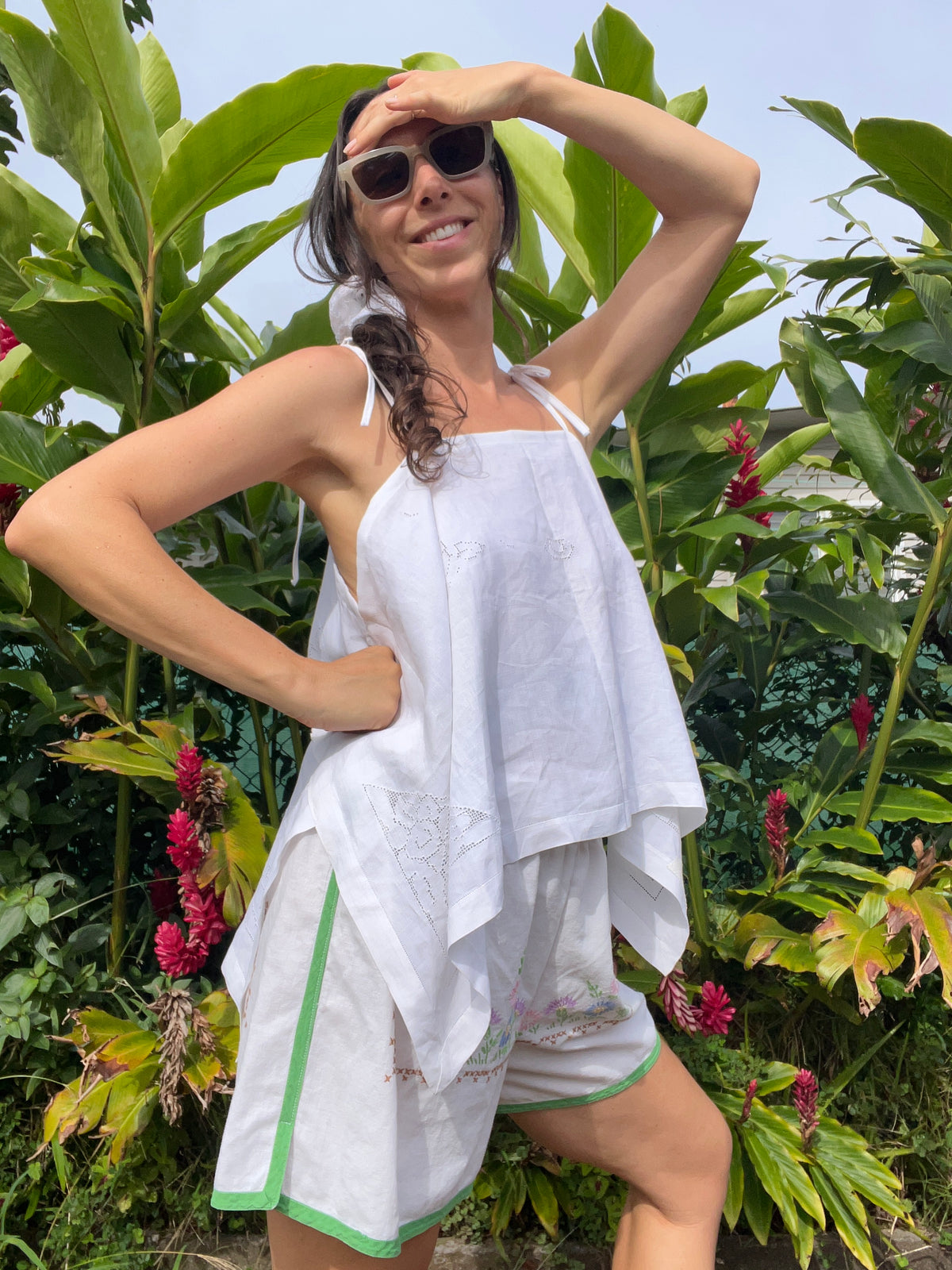 A delicate embroidered tie strap tank