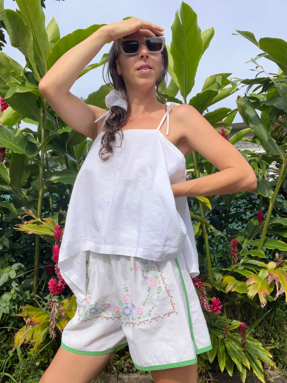 A delicate embroidered tie strap tank